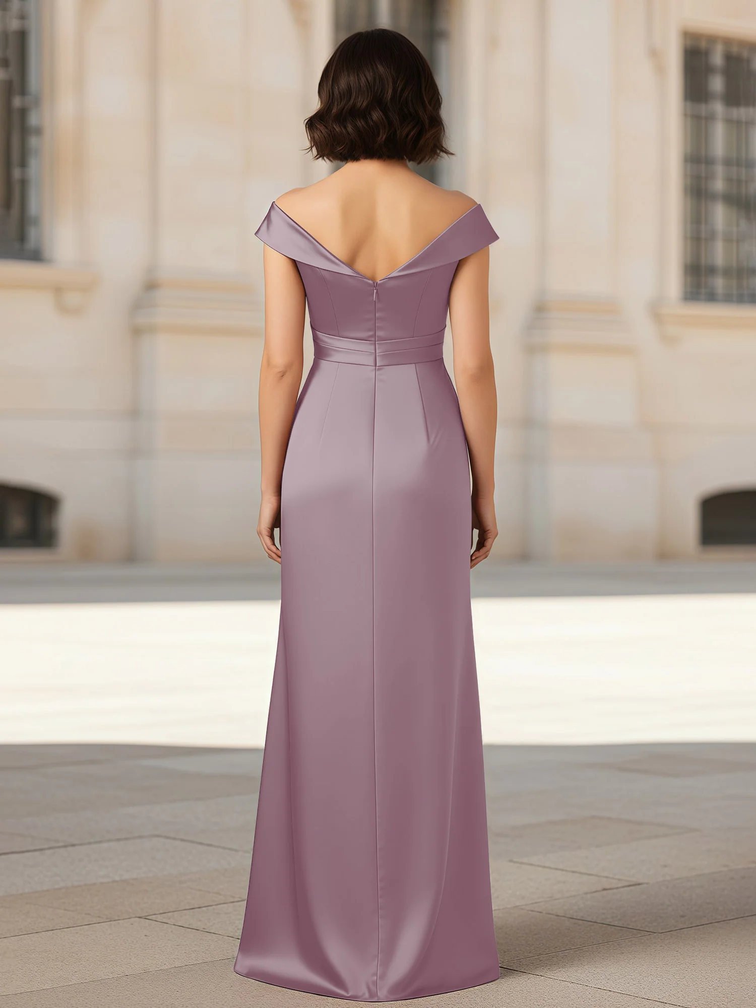 Pleated V-neck Stretch Satin Bodycon Dress Dusk - Image 2