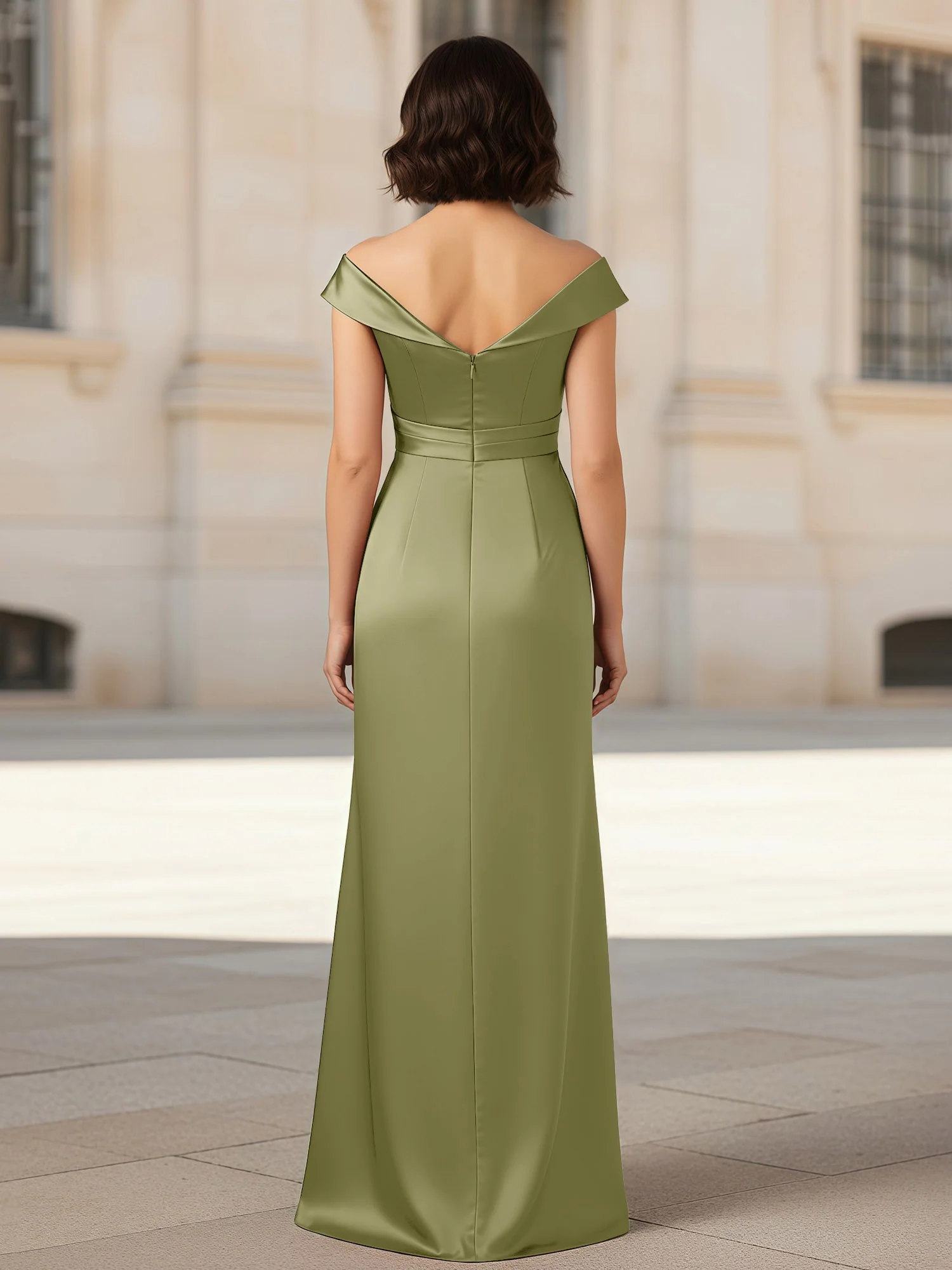 Pleated V-neck Stretch Satin Bodycon Dress Dusty Sage - Image 2