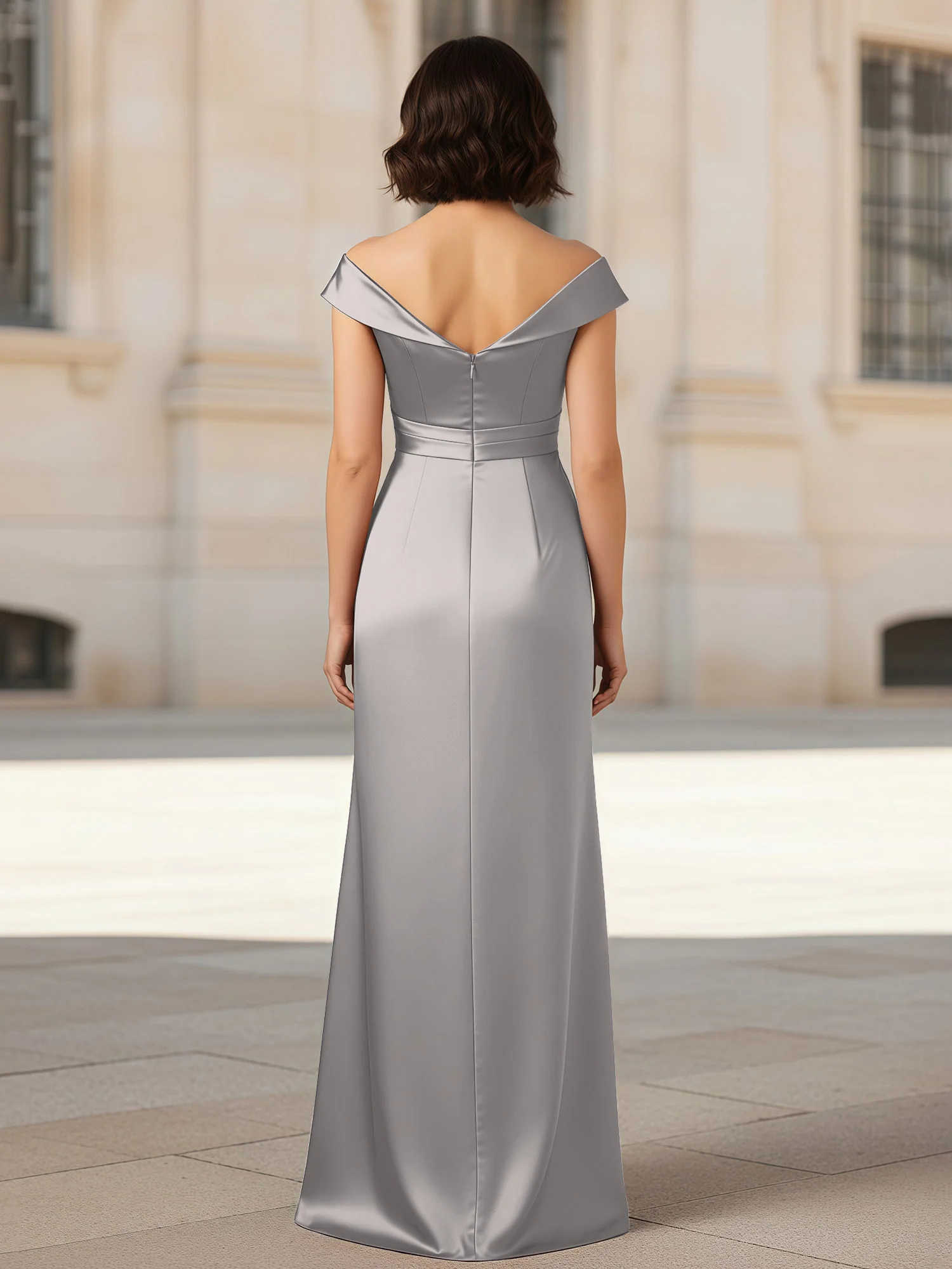 Pleated V-neck Stretch Satin Bodycon Dress Silver - Image 2