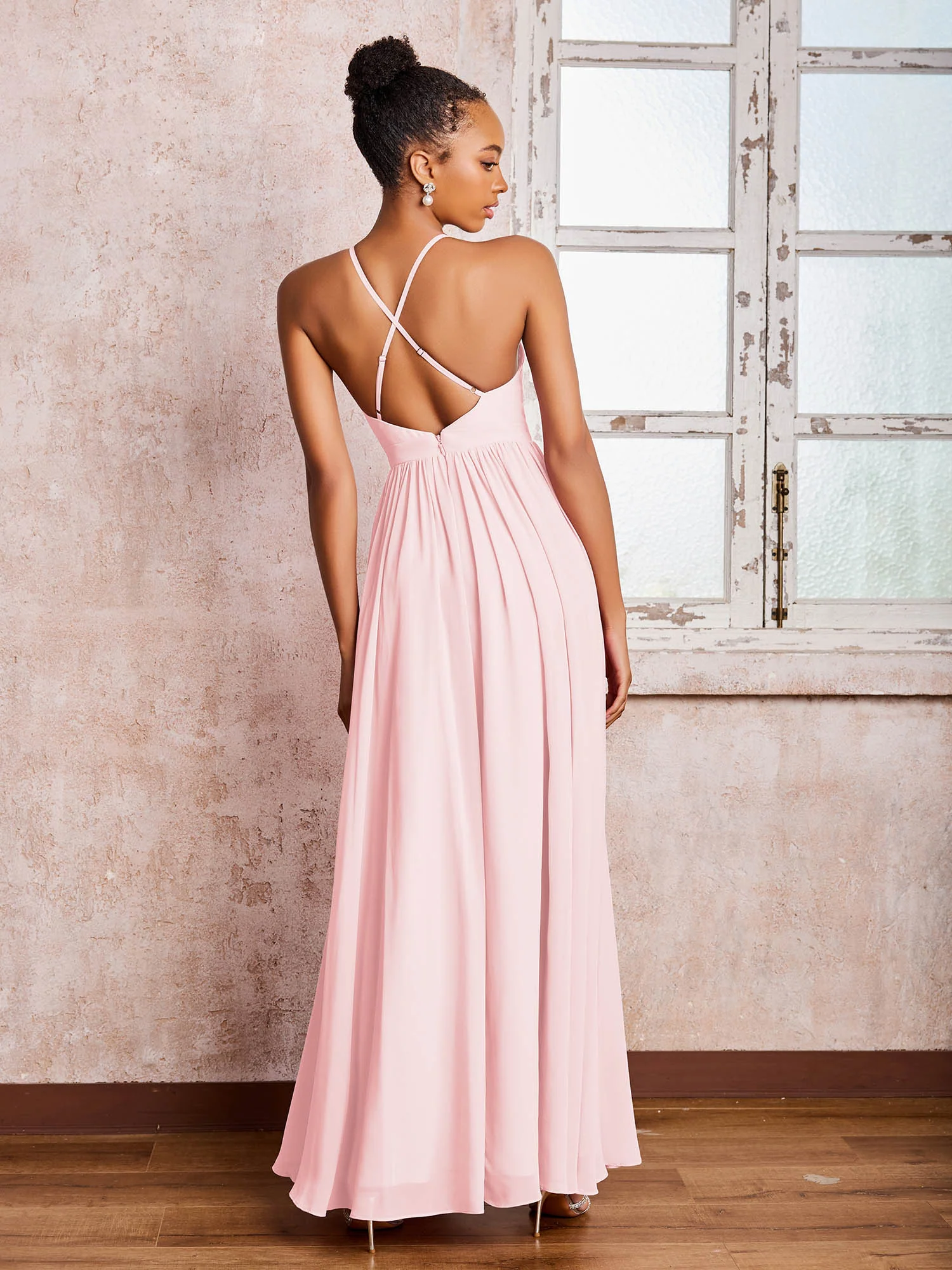Plunging V-neck Criss-Cross Straps Ruched Chiffon Dresses with Slit Blushing Pink - Image 2