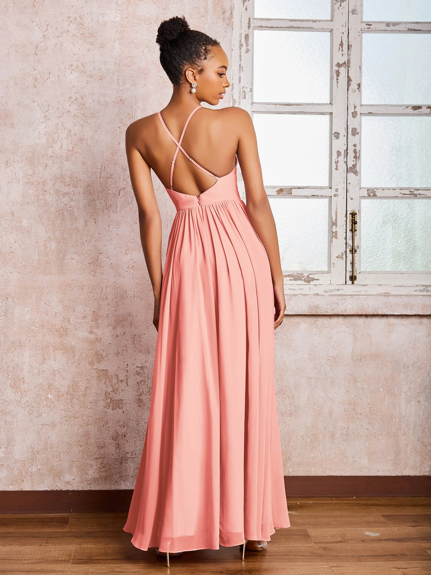 Plunging V-neck Criss-Cross Straps Ruched Chiffon Dresses with Slit Coral - Image 2
