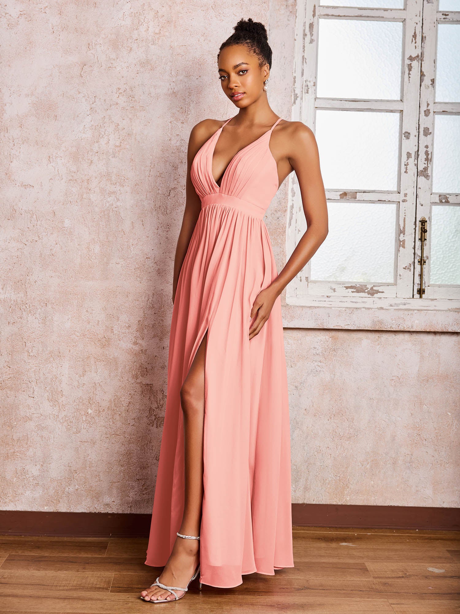 Plunging V-neck Criss-Cross Straps Ruched Chiffon Dresses with Slit Coral - Image 3
