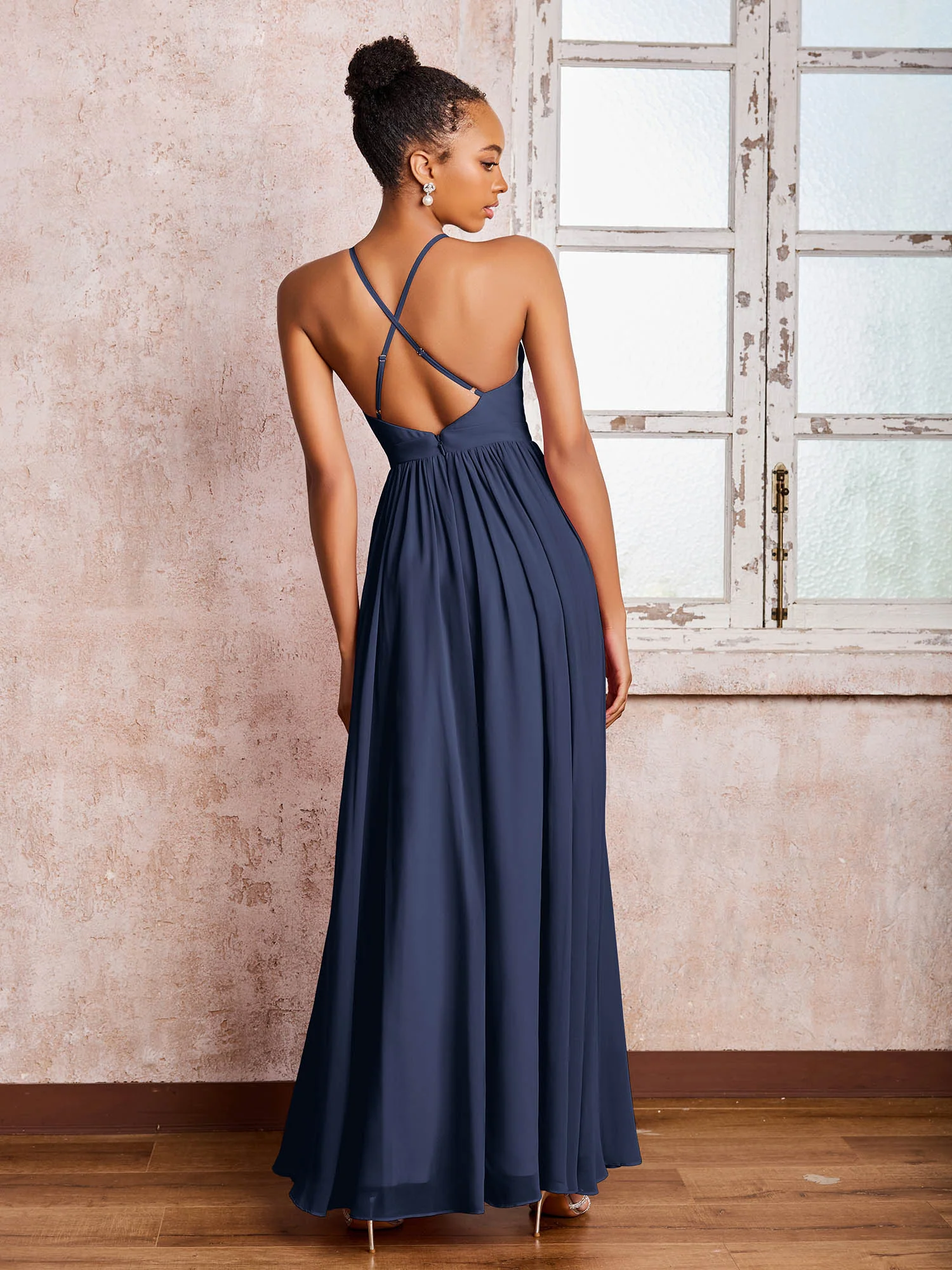 Plunging V-neck Criss-Cross Straps Ruched Chiffon Dresses with Slit Dark Navy - Image 2