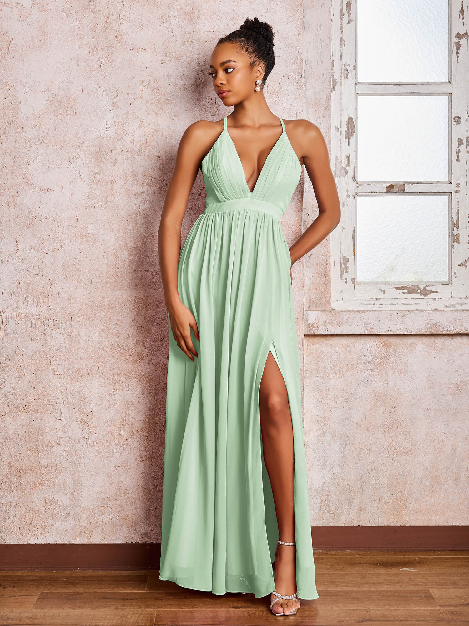 Plunging V-neck Criss-Cross Straps Ruched Chiffon Dresses with Slit Dusty Sage