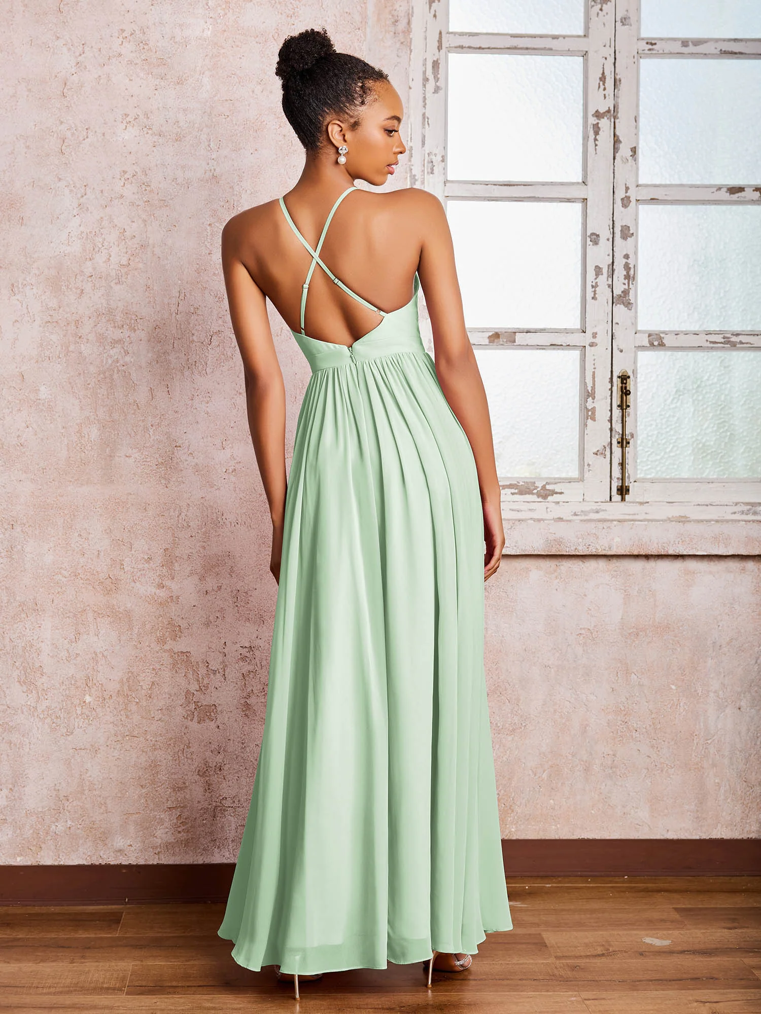 Plunging V-neck Criss-Cross Straps Ruched Chiffon Dresses with Slit Dusty Sage - Image 2