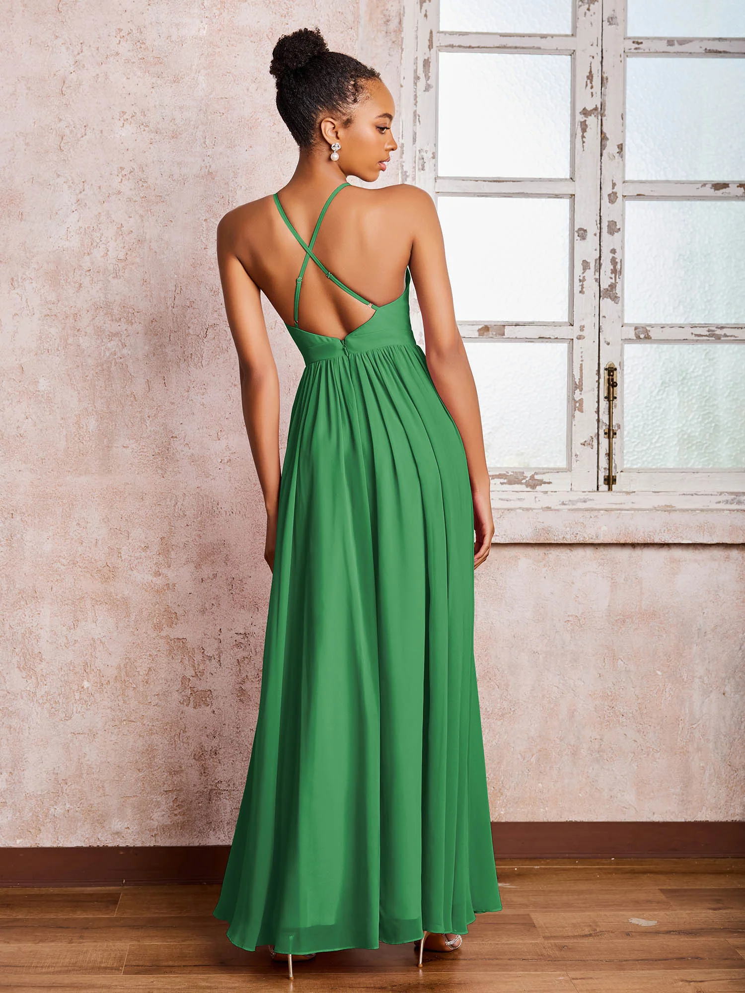 Plunging V-neck Criss-Cross Straps Ruched Chiffon Dresses with Slit Emerald - Image 2