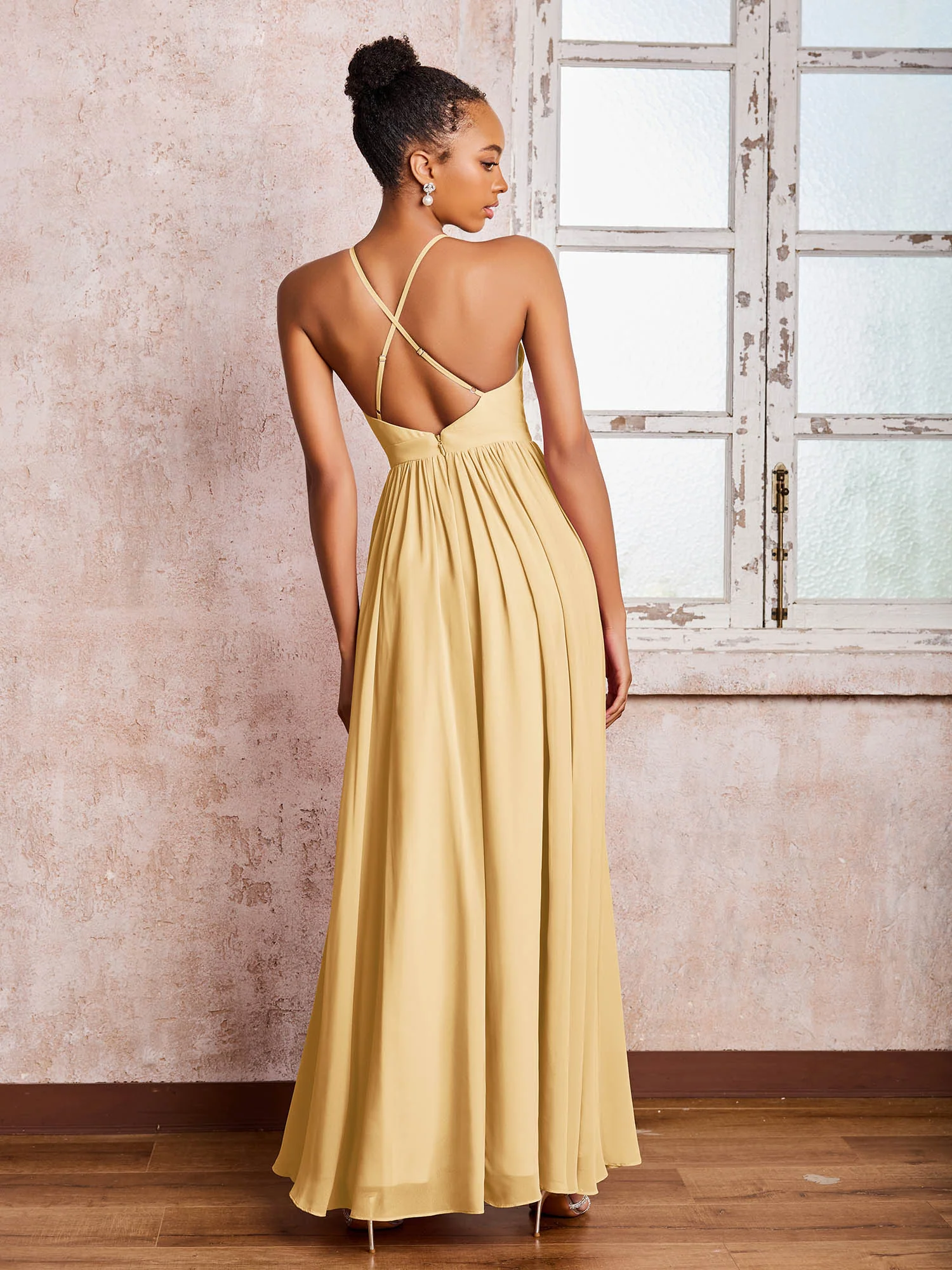 Plunging V-neck Criss-Cross Straps Ruched Chiffon Dresses with Slit Gold - Image 2