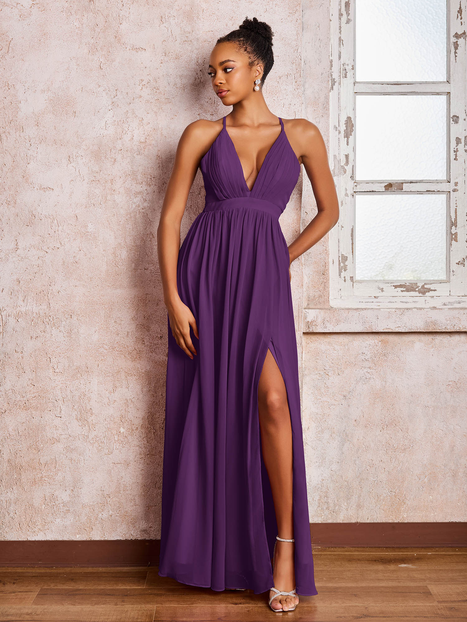 Plunging V-neck Criss-Cross Straps Ruched Chiffon Dresses with Slit Grape
