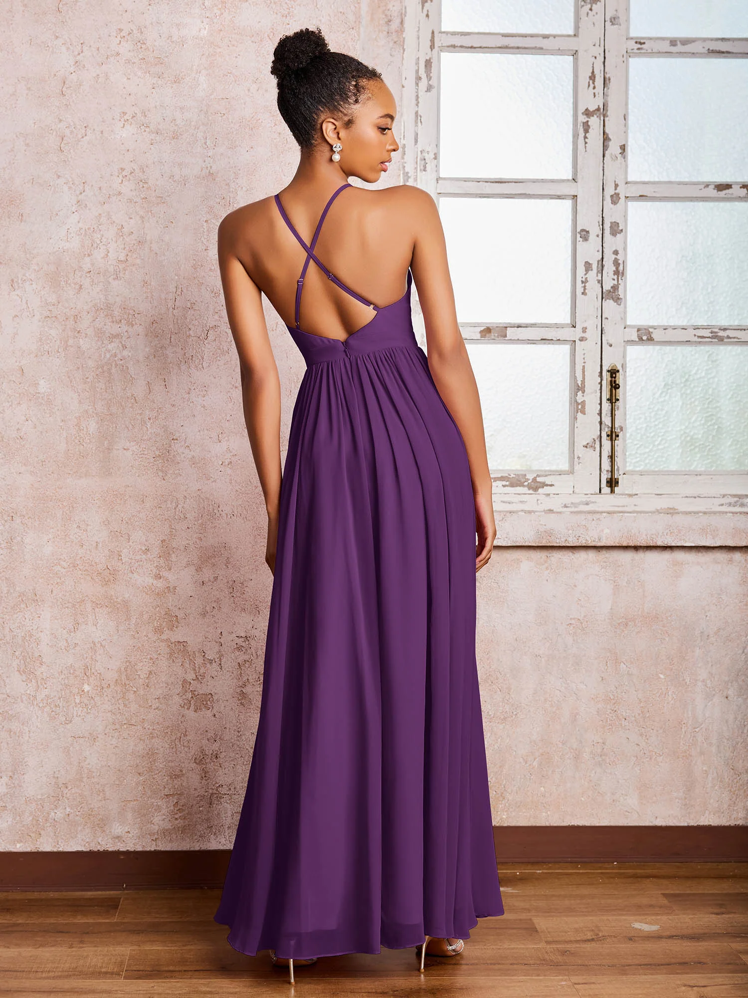 Plunging V-neck Criss-Cross Straps Ruched Chiffon Dresses with Slit Grape - Image 2