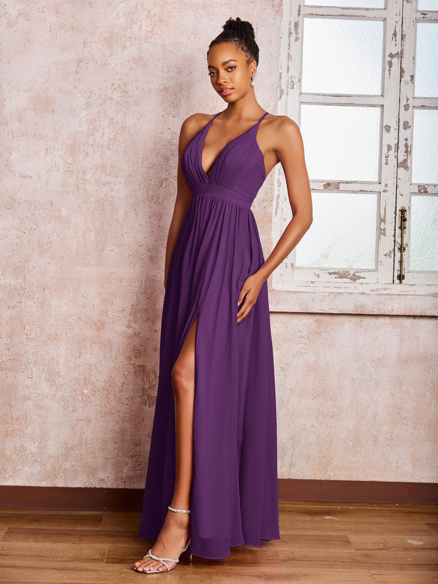 Plunging V-neck Criss-Cross Straps Ruched Chiffon Dresses with Slit Grape - Image 3
