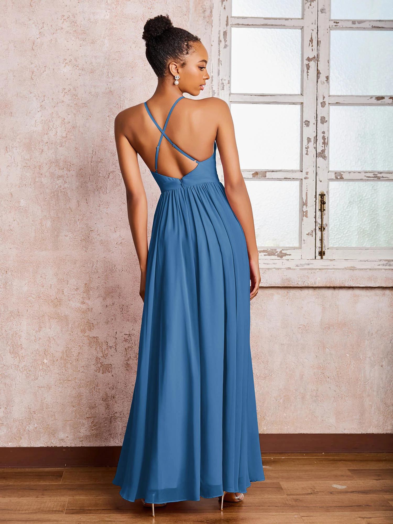 Plunging V-neck Criss-Cross Straps Ruched Chiffon Dresses with Slit Ink Blue - Image 2