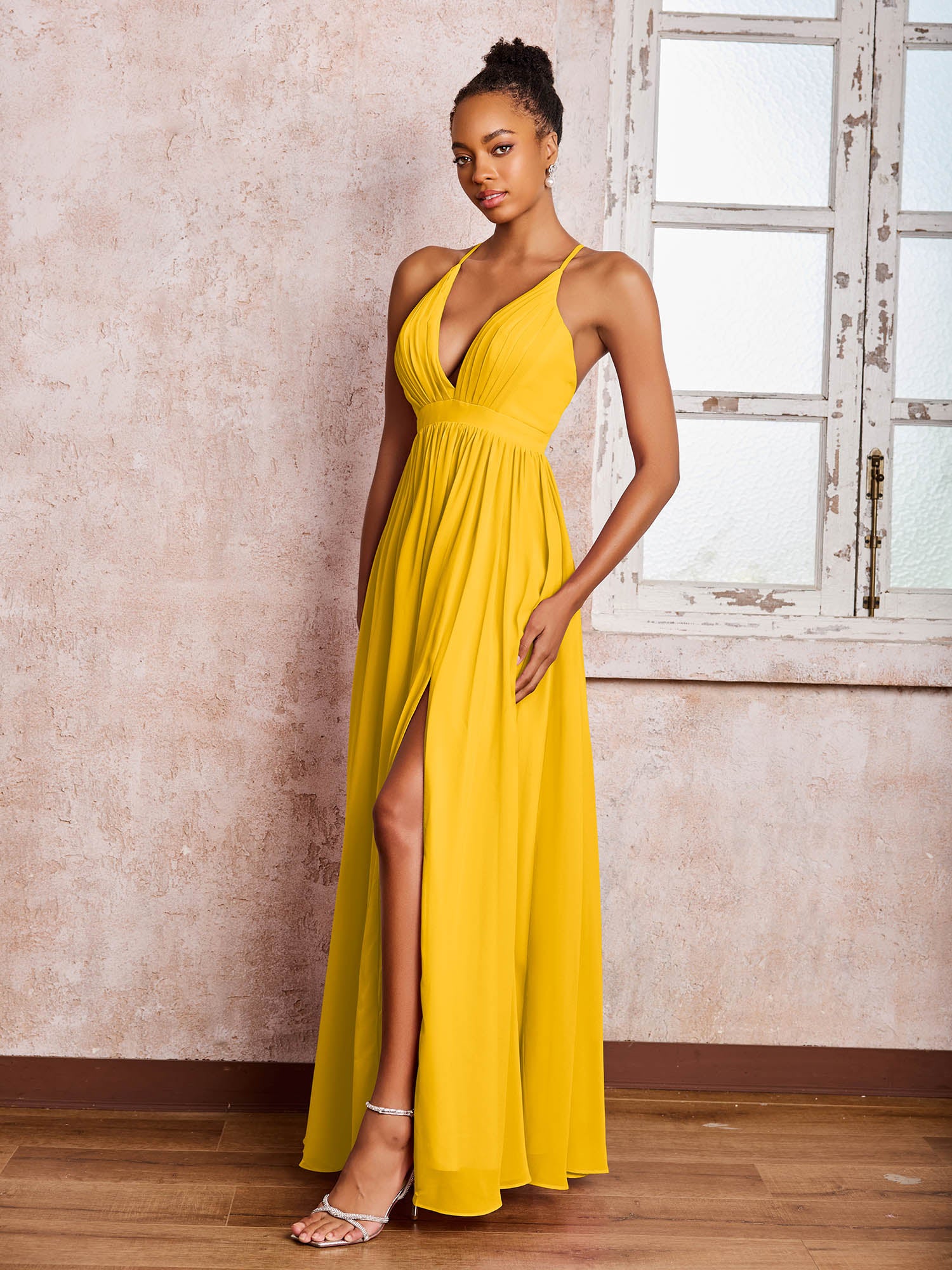 Plunging V-neck Criss-Cross Straps Ruched Chiffon Dresses with Slit Marigold - Image 3
