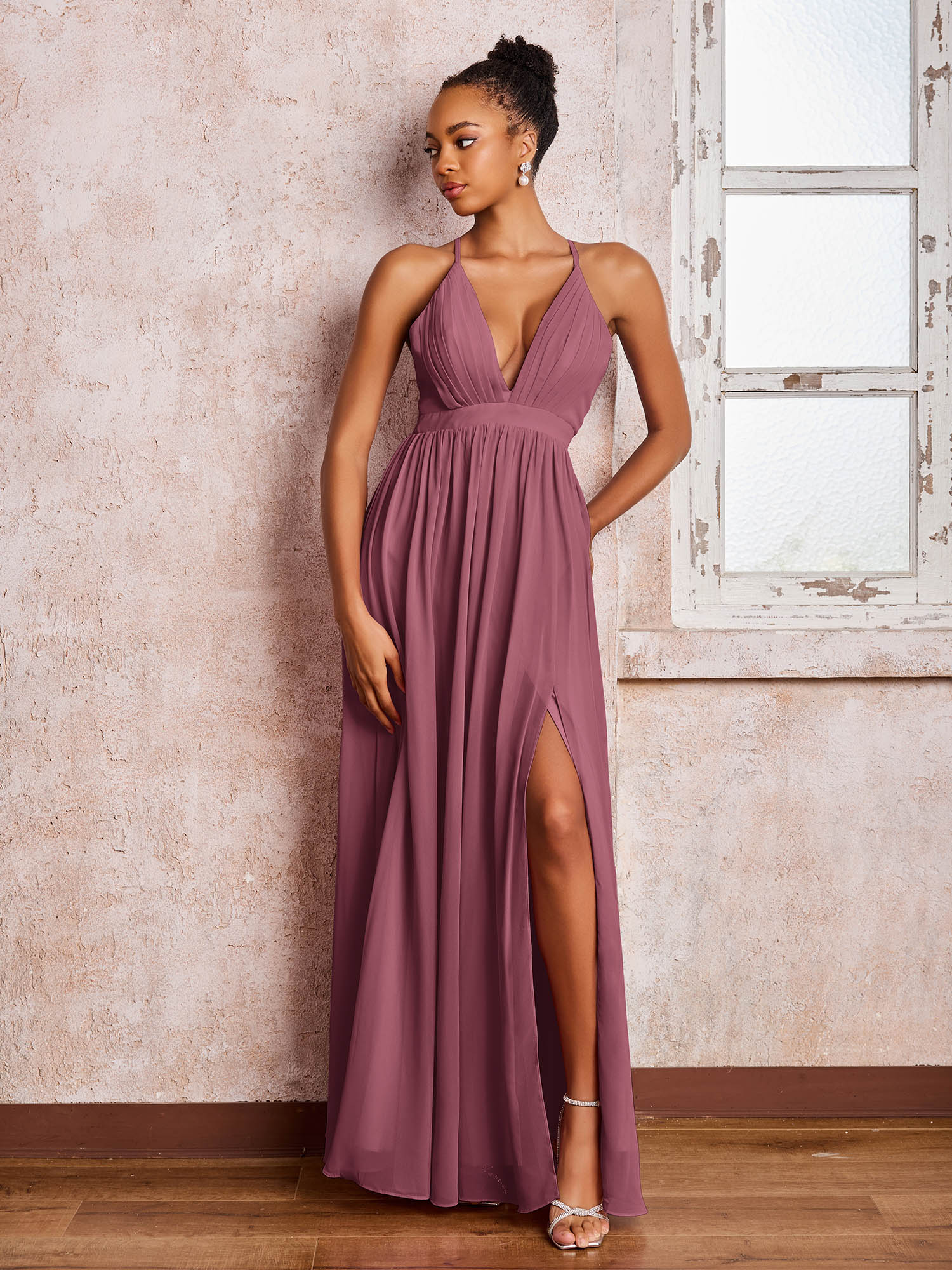 Plunging V-neck Criss-Cross Straps Ruched Chiffon Dresses with Slit Mulberry