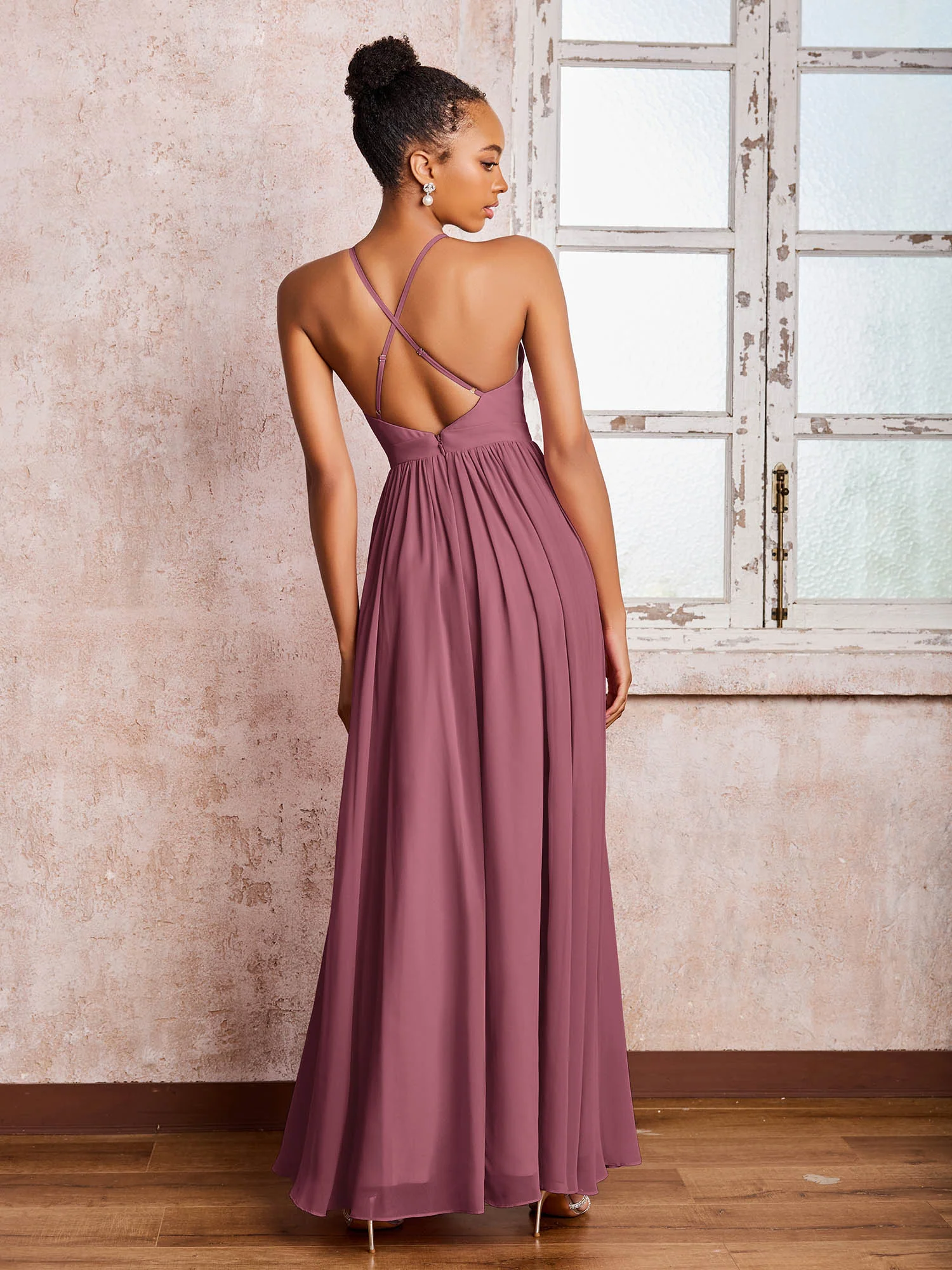 Plunging V-neck Criss-Cross Straps Ruched Chiffon Dresses with Slit Mulberry - Image 2
