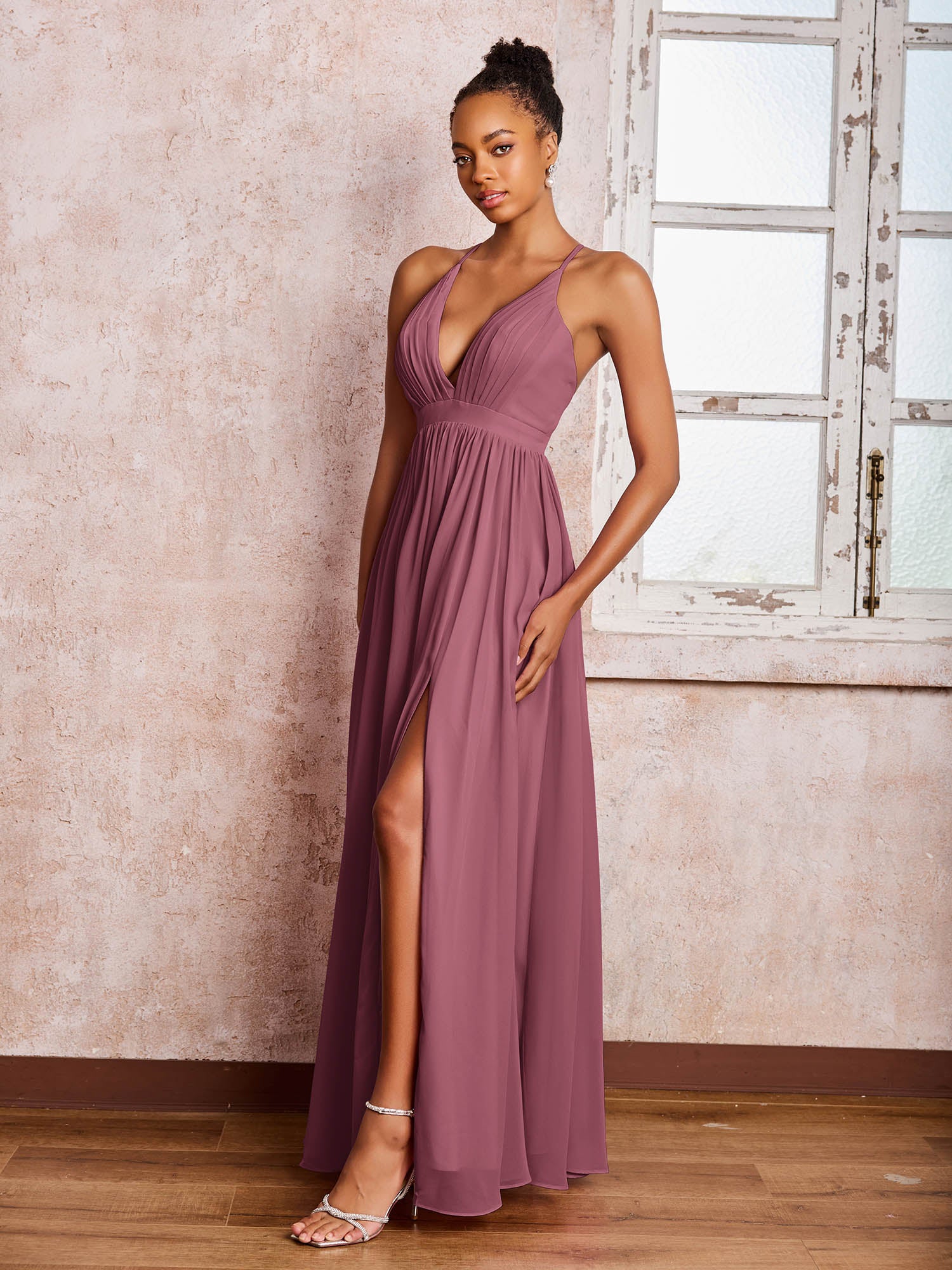 Plunging V-neck Criss-Cross Straps Ruched Chiffon Dresses with Slit Mulberry - Image 3