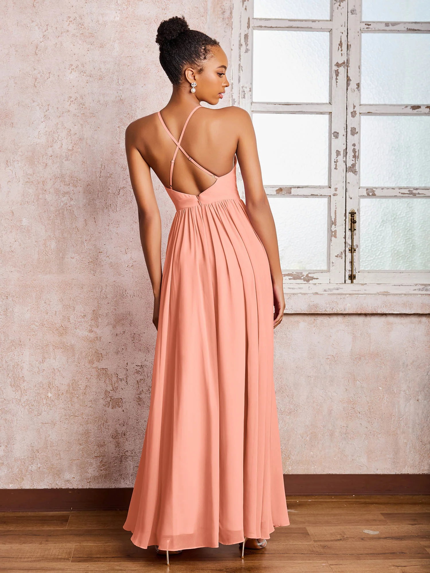 Plunging V-neck Criss-Cross Straps Ruched Chiffon Dresses with Slit Papaya - Image 2