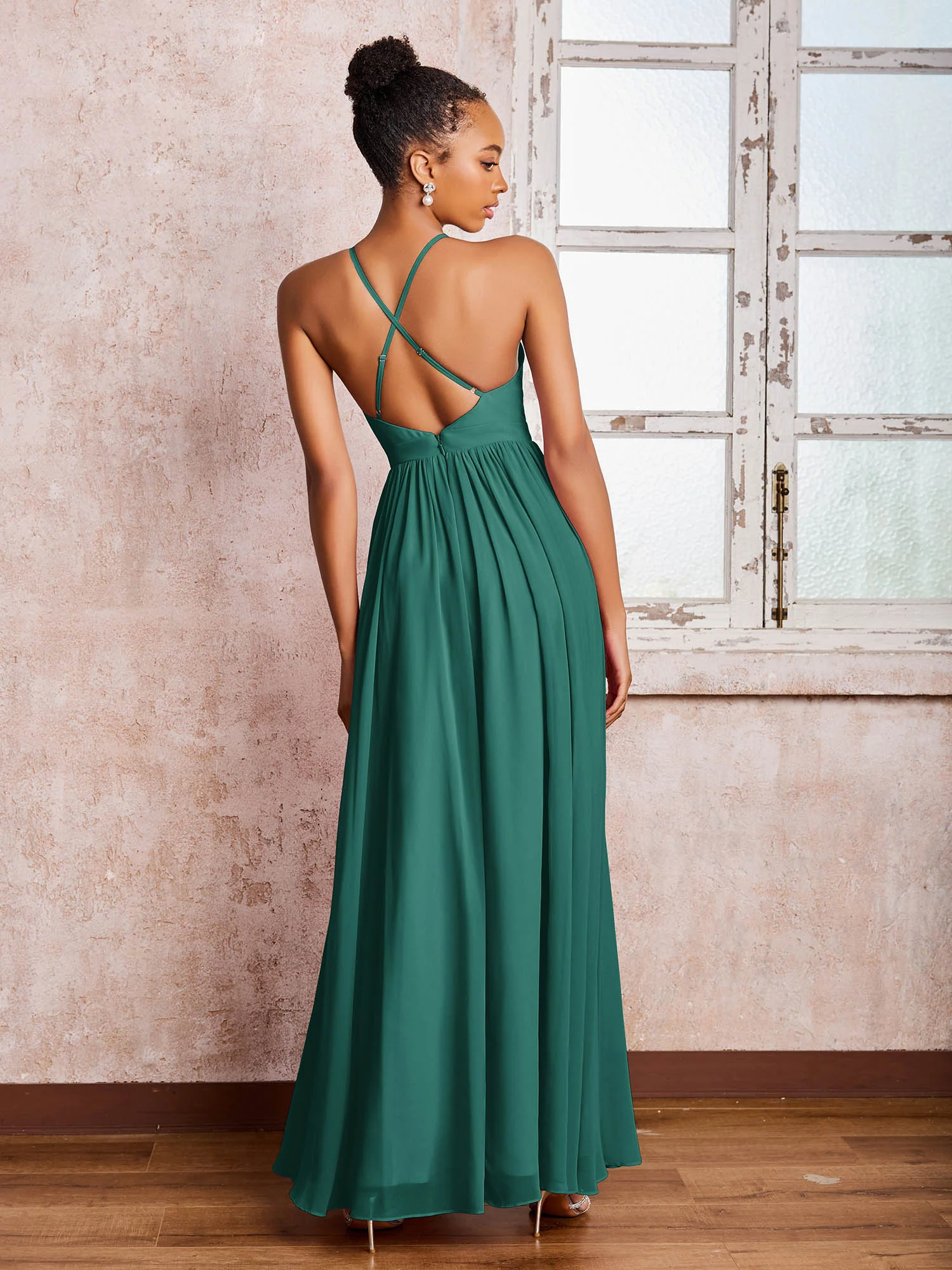 Plunging V-neck Criss-Cross Straps Ruched Chiffon Dresses with Slit Peacock - Image 2