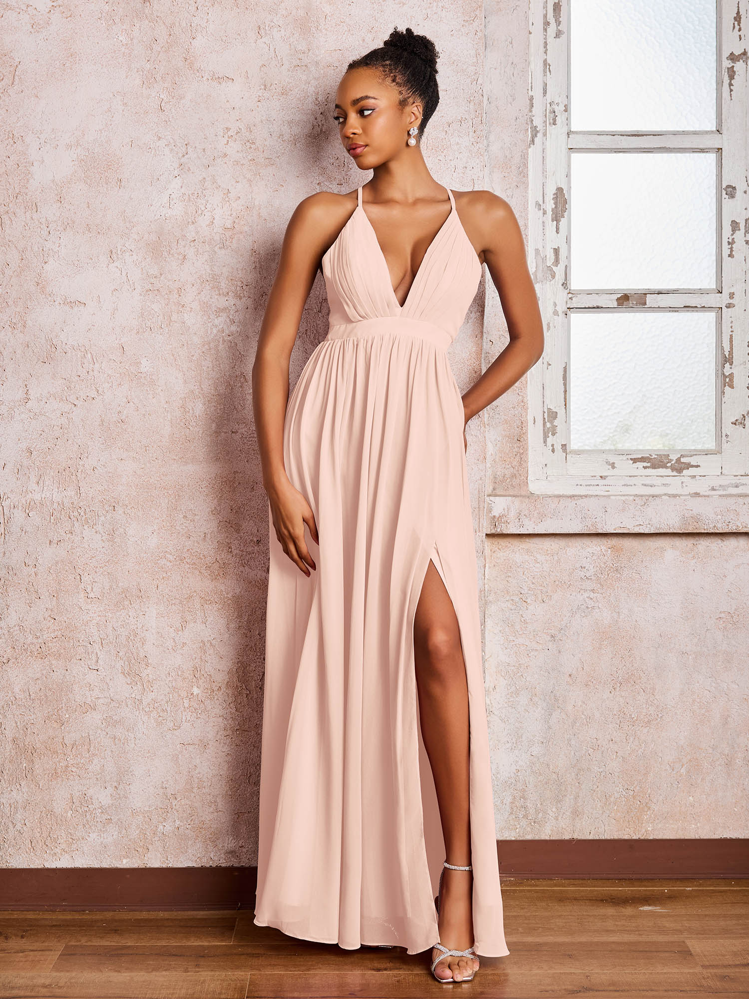 Plunging V-neck Criss-Cross Straps Ruched Chiffon Dresses with Slit Pearl Pink