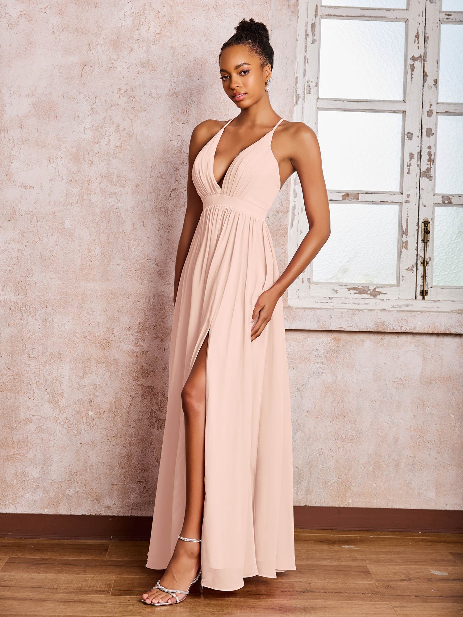 Plunging V-neck Criss-Cross Straps Ruched Chiffon Dresses with Slit Pearl Pink - Image 3