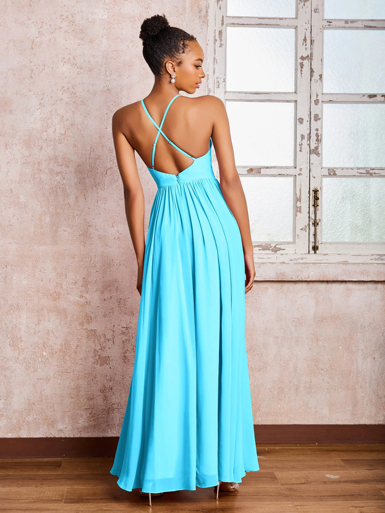Plunging V-neck Criss-Cross Straps Ruched Chiffon Dresses with Slit Pool - Image 2