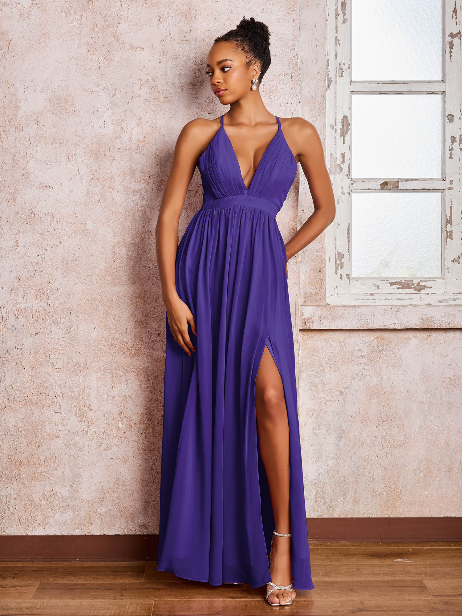 Plunging V-neck Criss-Cross Straps Ruched Chiffon Dresses with Slit Regency
