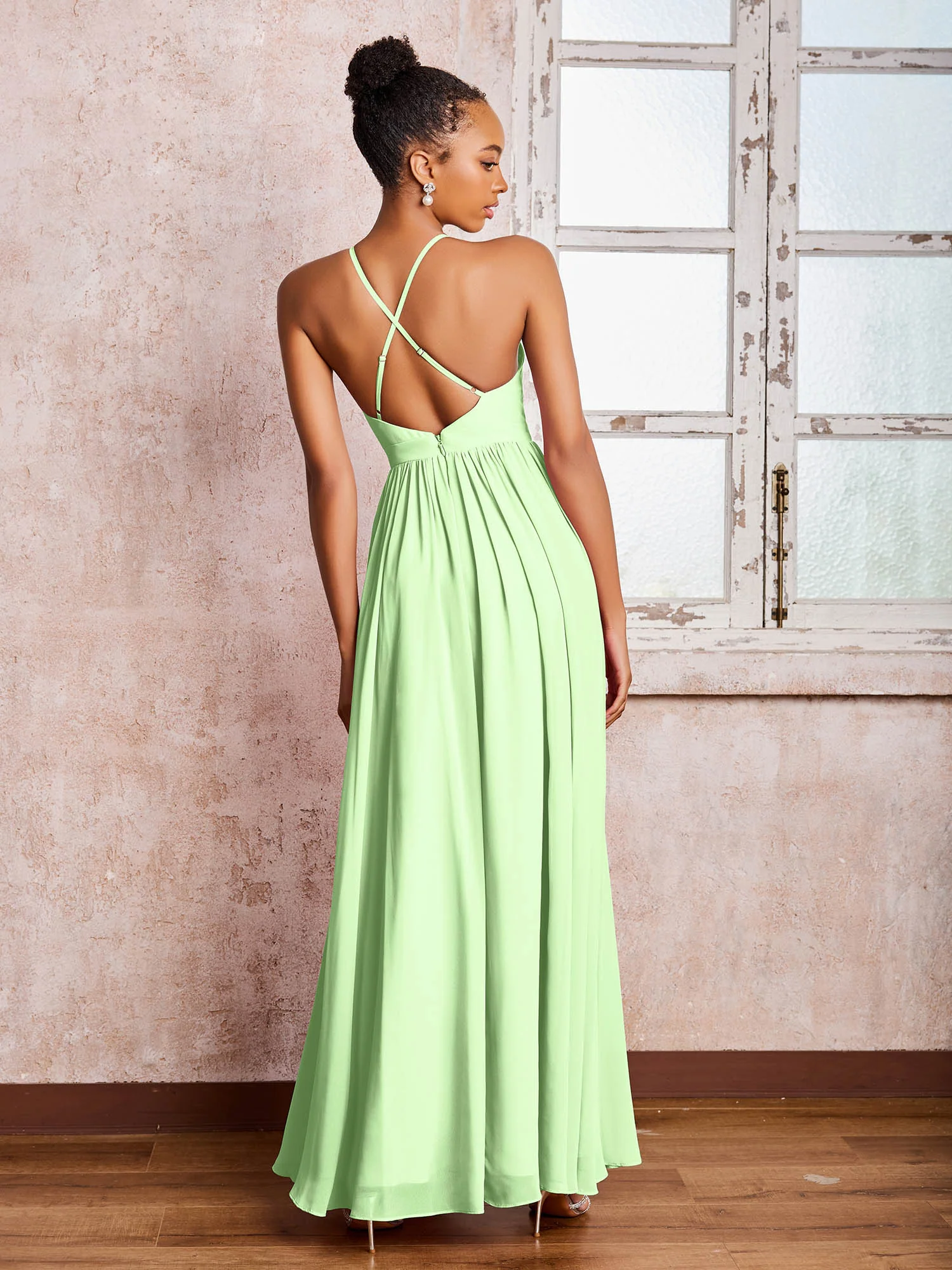 Plunging V-neck Criss-Cross Straps Ruched Chiffon Dresses with Slit Sage - Image 2