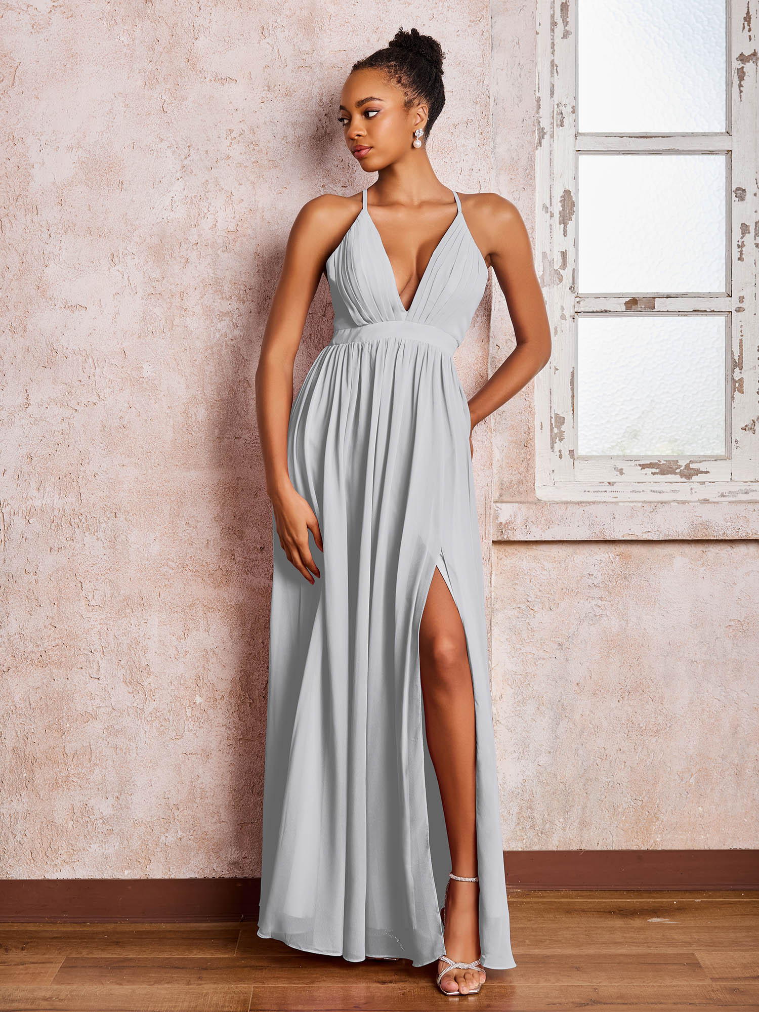 Plunging V-neck Criss-Cross Straps Ruched Chiffon Dresses with Slit Silver