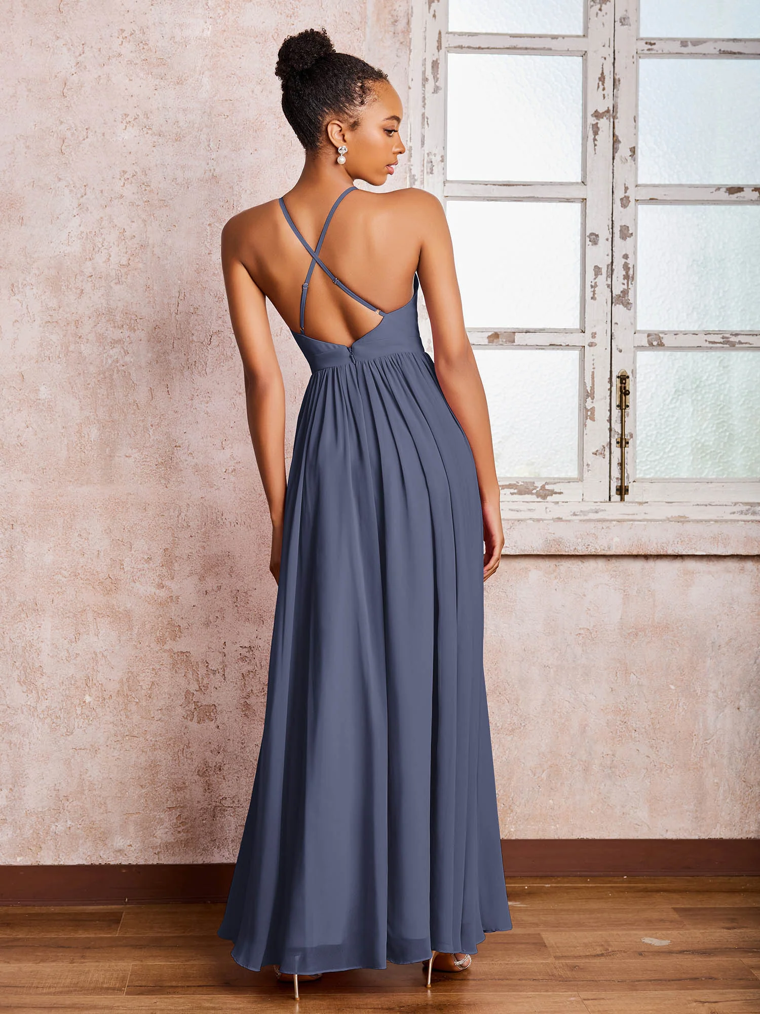 Plunging V-neck Criss-Cross Straps Ruched Chiffon Dresses with Slit Stormy - Image 2