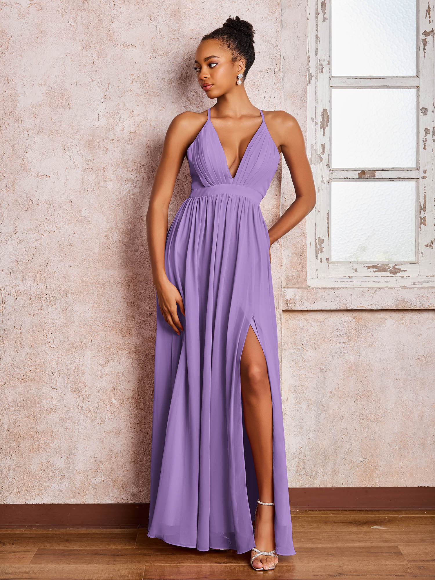 Plunging V-neck Criss-Cross Straps Ruched Chiffon Dresses with Slit Tahiti