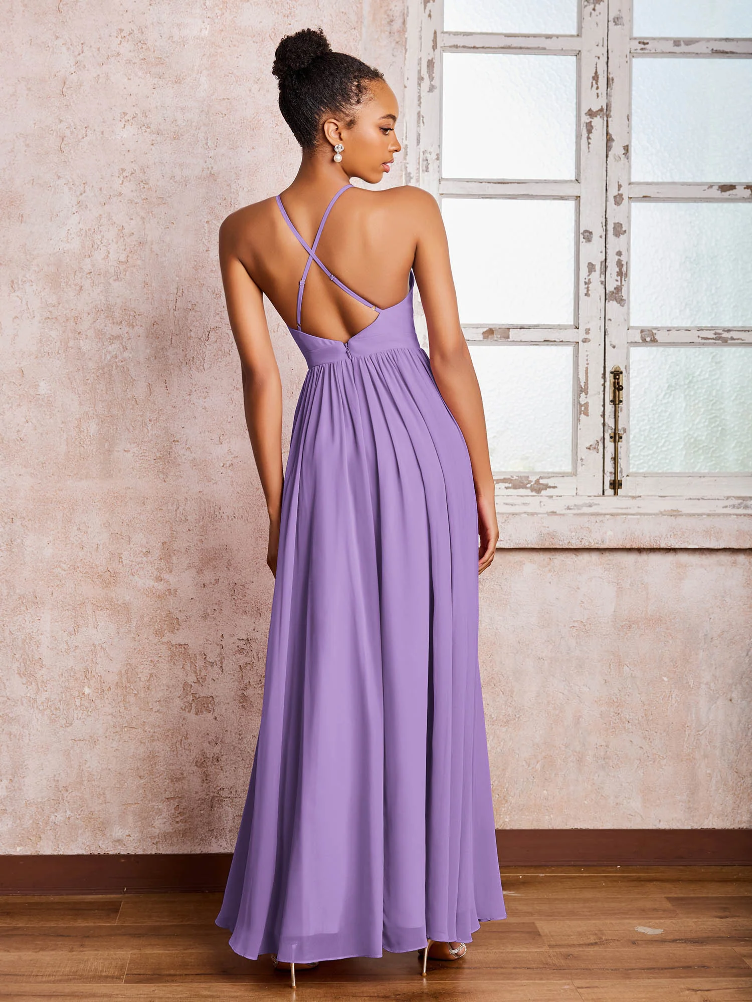 Plunging V-neck Criss-Cross Straps Ruched Chiffon Dresses with Slit Tahiti - Image 2