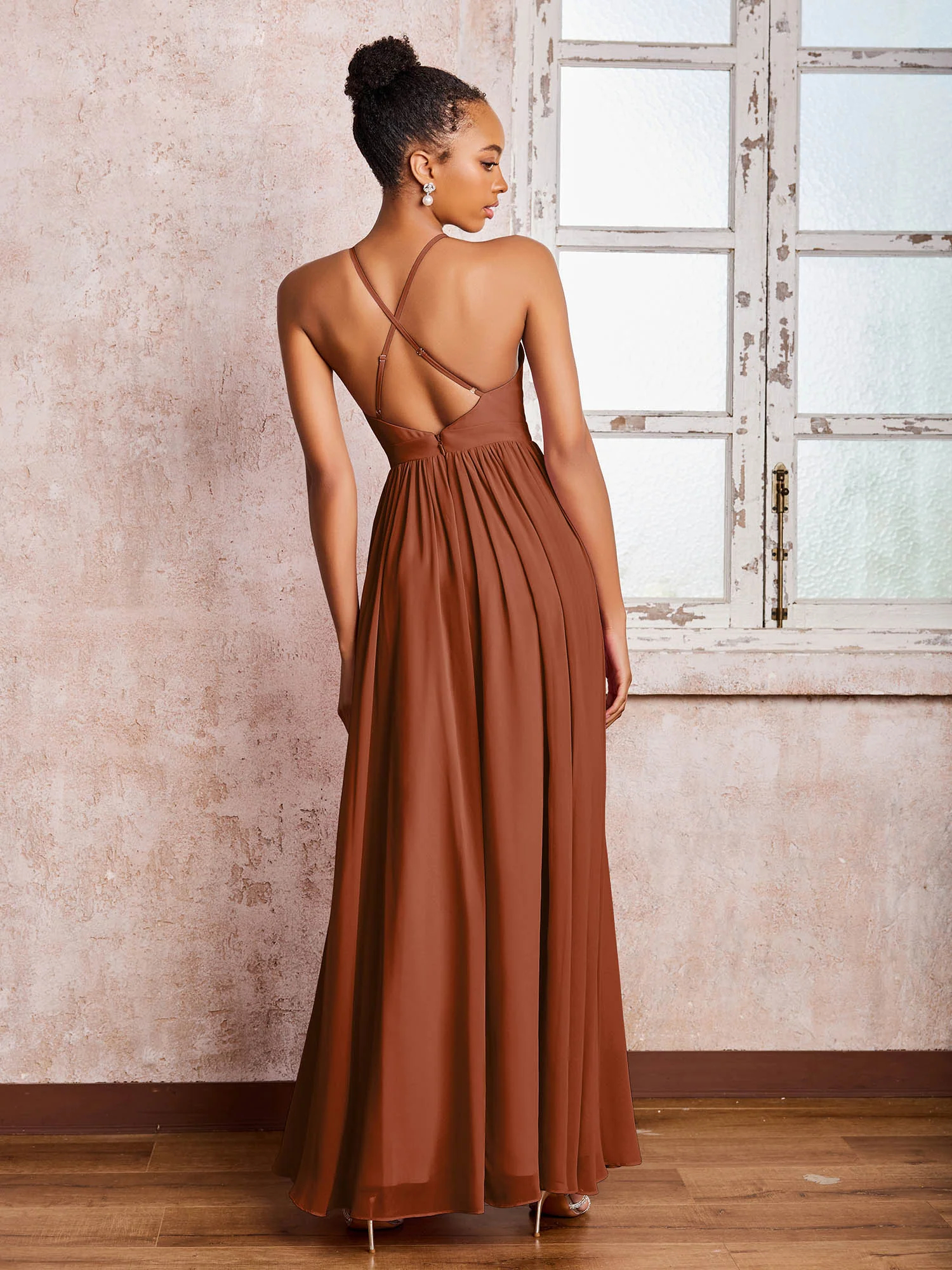 Plunging V-neck Criss-Cross Straps Ruched Chiffon Dresses with Slit Terracotta - Image 2