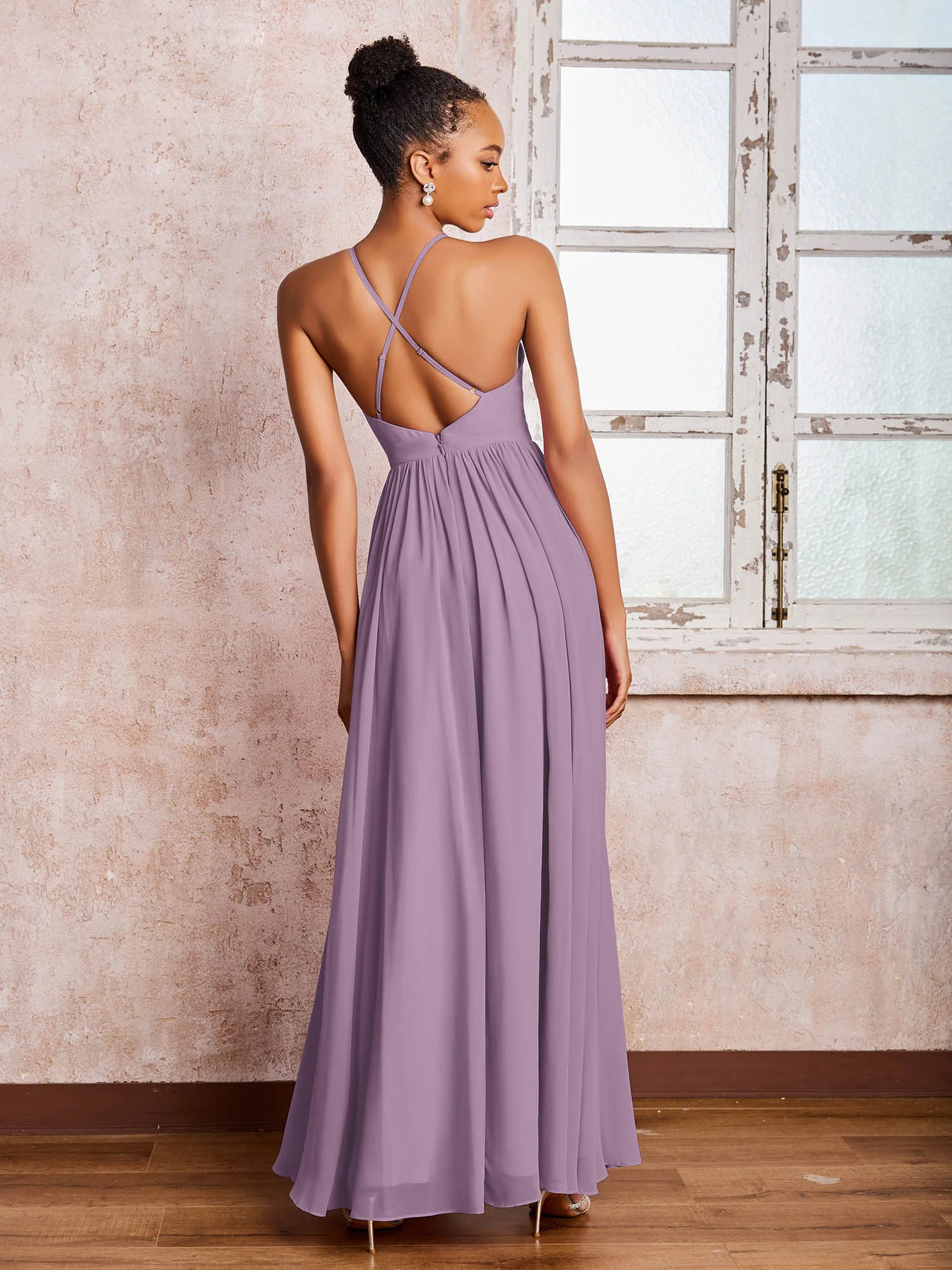 Plunging V-neck Criss-Cross Straps Ruched Chiffon Dresses with Slit Wisteria - Image 2