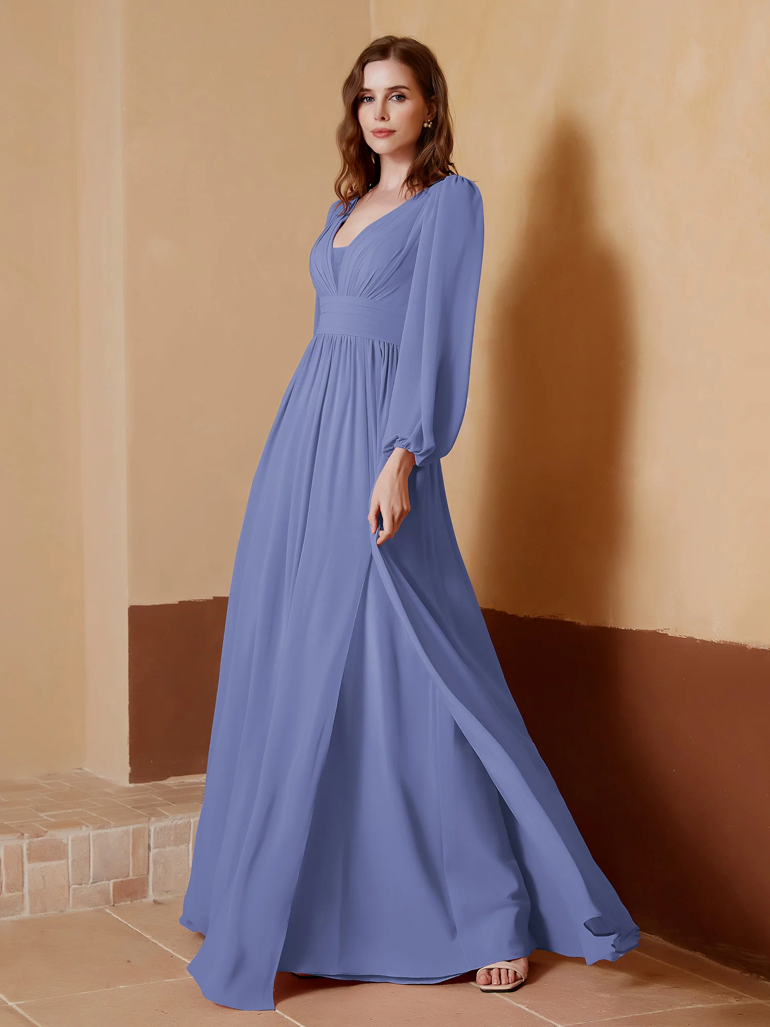 Plunging V-neck Floor-length Dress With Slit Periwinkle - Image 3