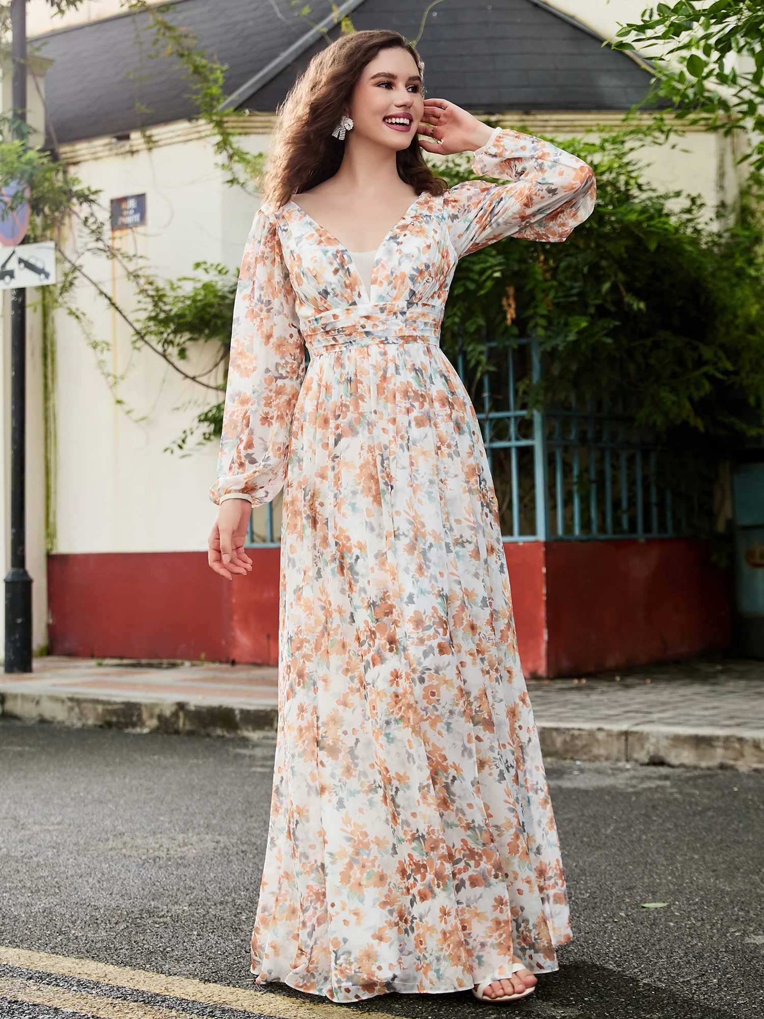 Plunging V-neck Floor-length Dress With Slit Sunset Floral - Image 5