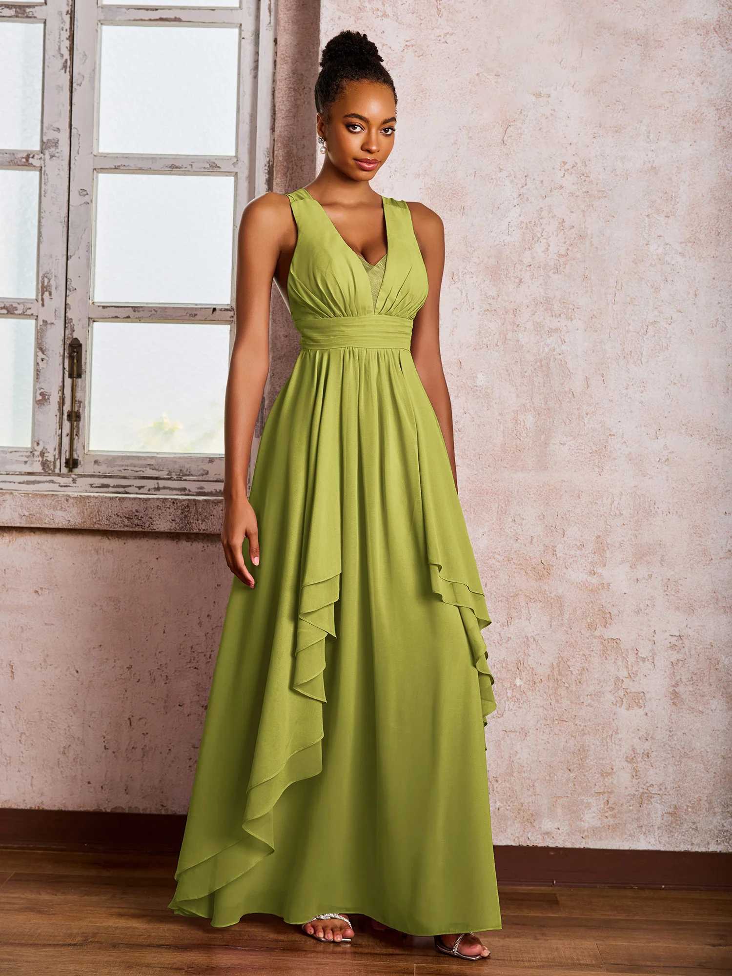 Plunging V-Neck Ruffle Open Back Dresses with Cascade Skirt Clover - Image 3