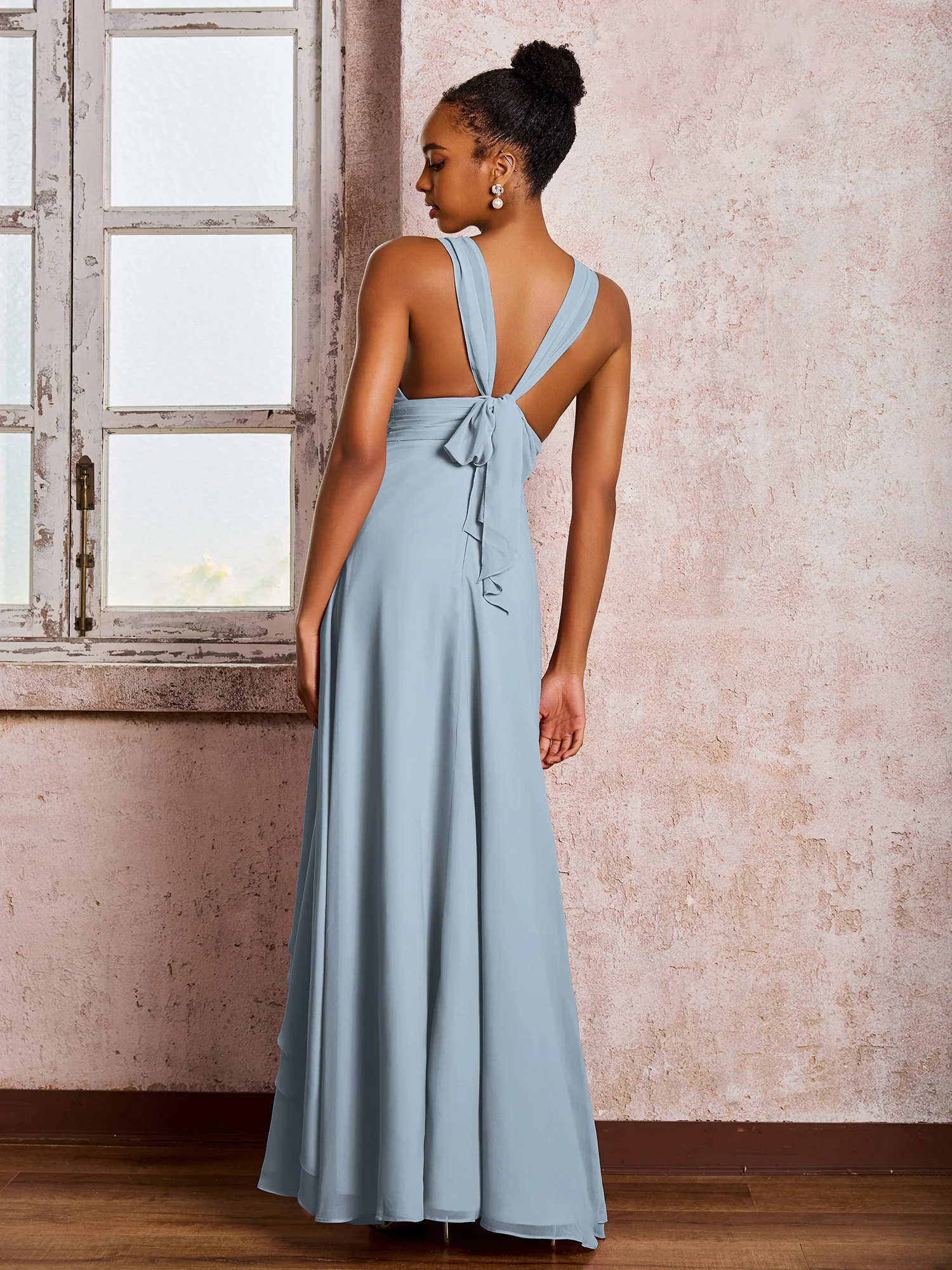 Plunging V-Neck Ruffle Open Back Dresses with Cascade Skirt Dusty Blue - Image 2