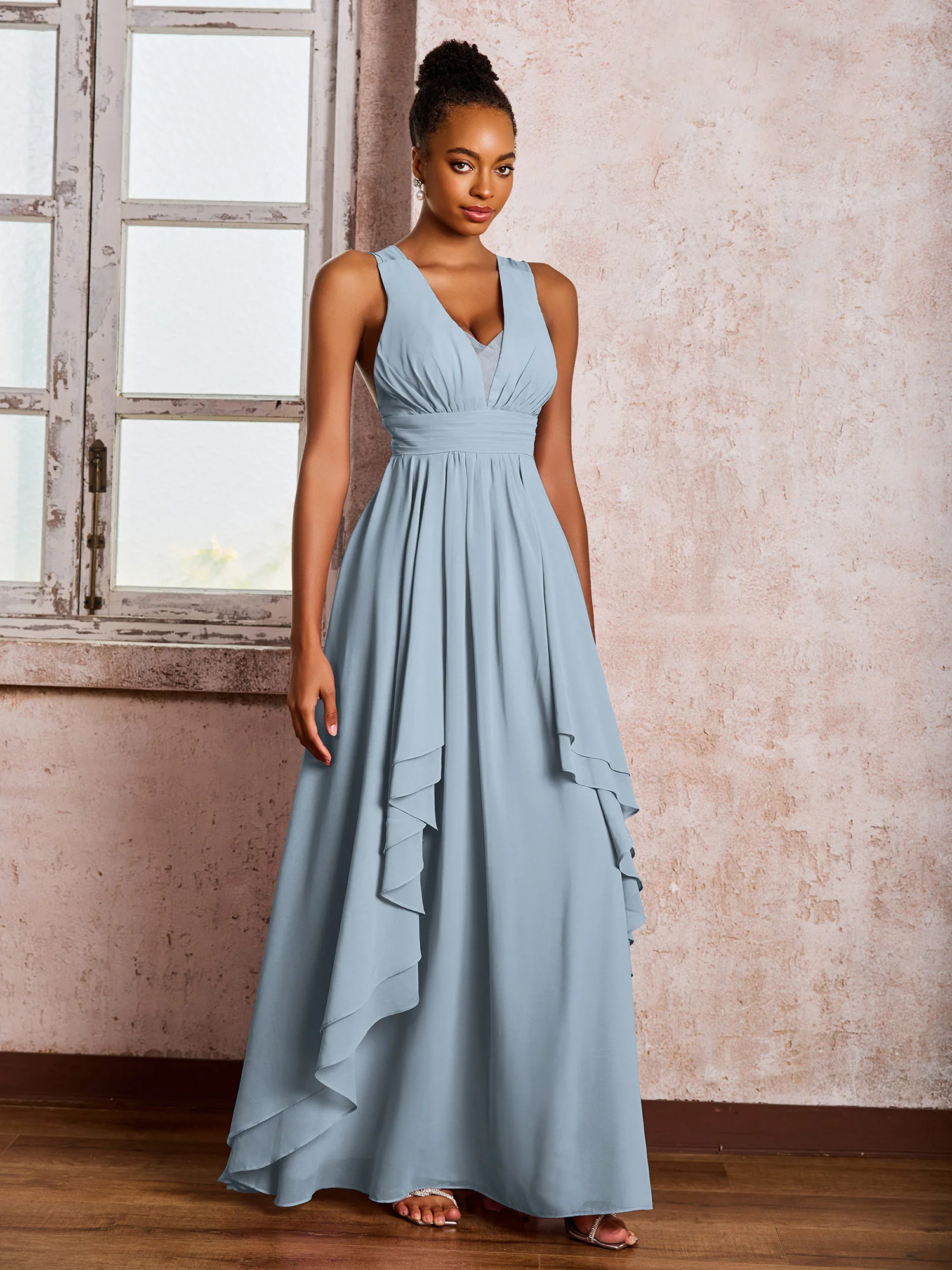 Plunging V-Neck Ruffle Open Back Dresses with Cascade Skirt Dusty Blue - Image 3