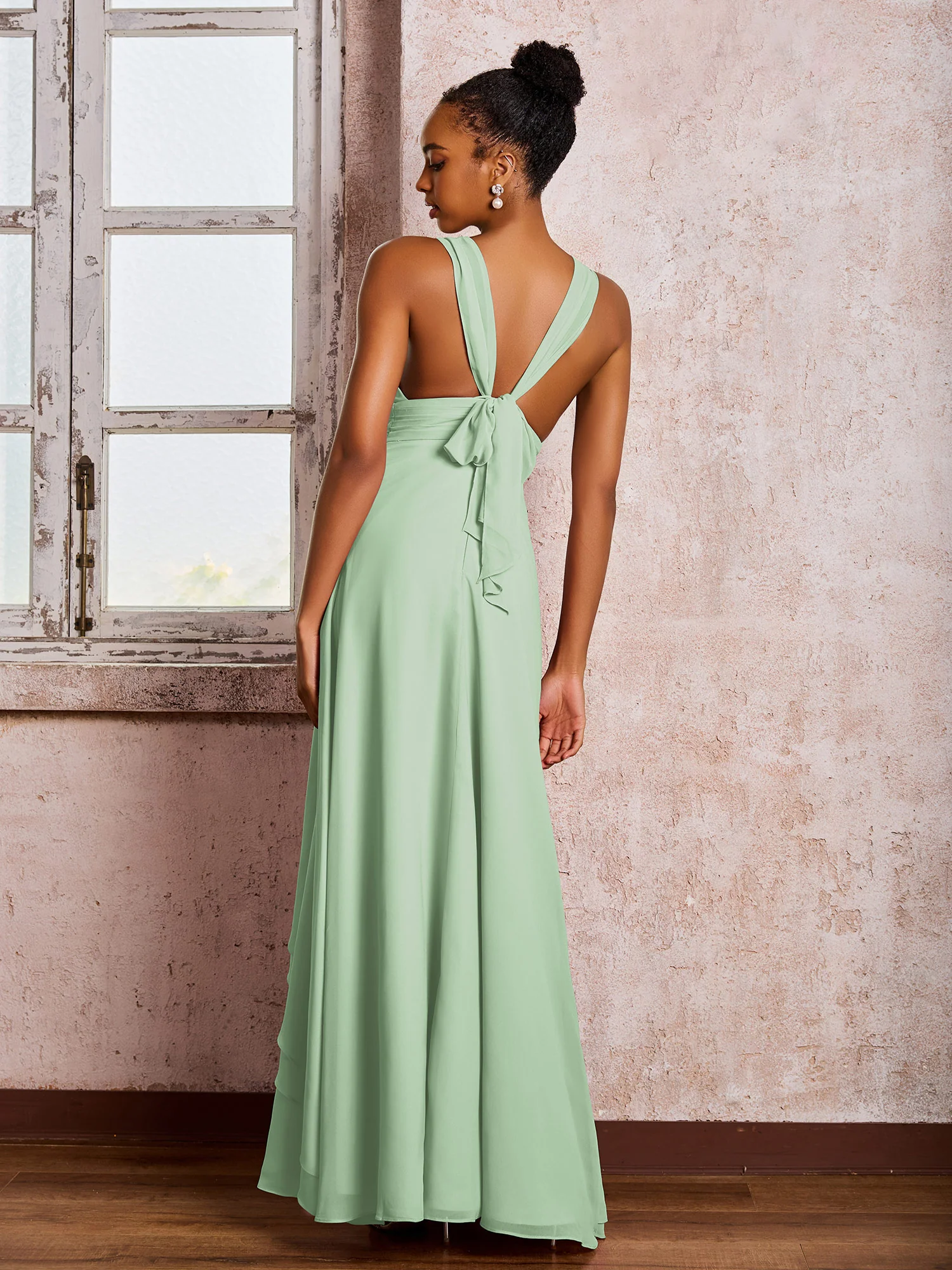 Plunging V-Neck Ruffle Open Back Dresses with Cascade Skirt Dusty Sage - Image 2