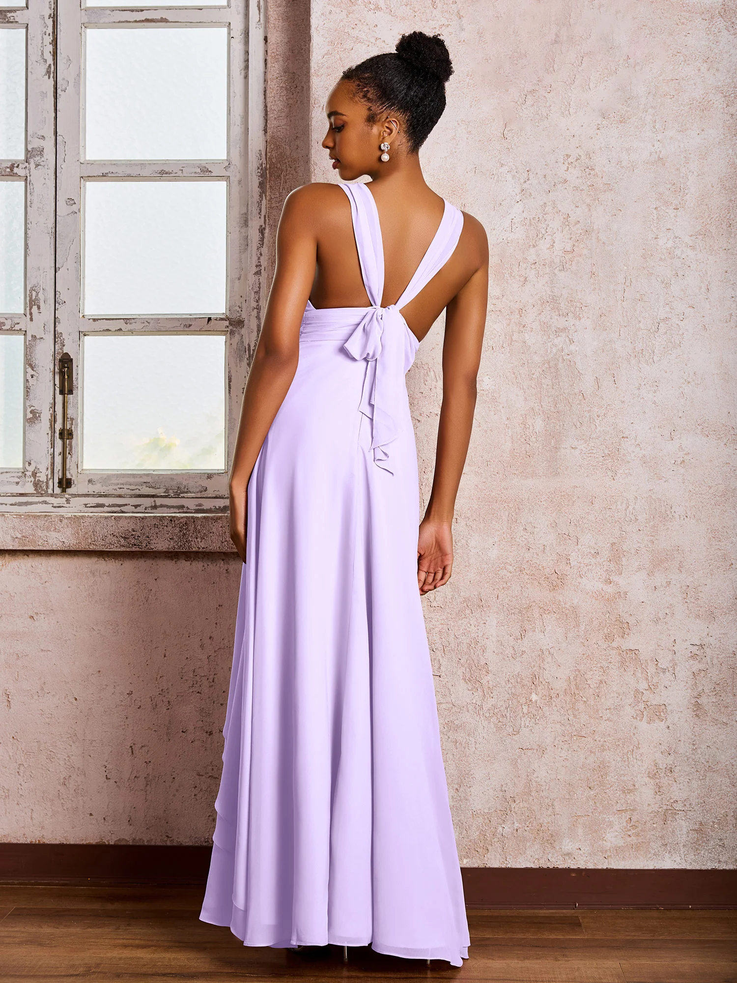 Plunging V-Neck Ruffle Open Back Dresses with Cascade Skirt Lilac - Image 2