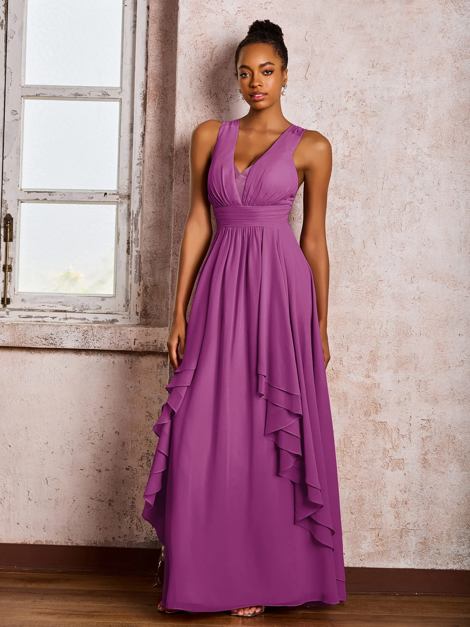 Plunging V-Neck Ruffle Open Back Dresses with Cascade Skirt Orchid