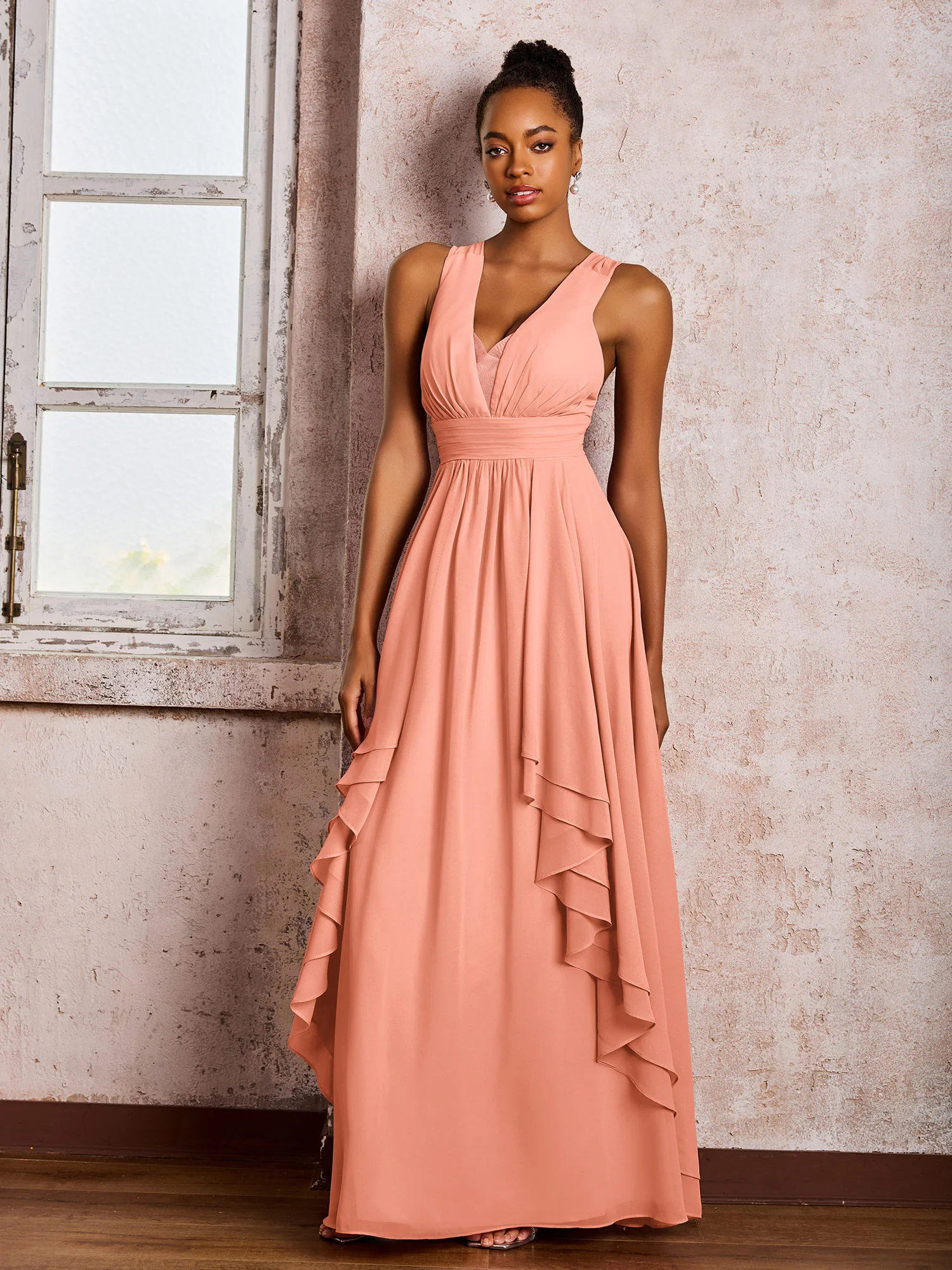 Plunging V-Neck Ruffle Open Back Dresses with Cascade Skirt Papaya
