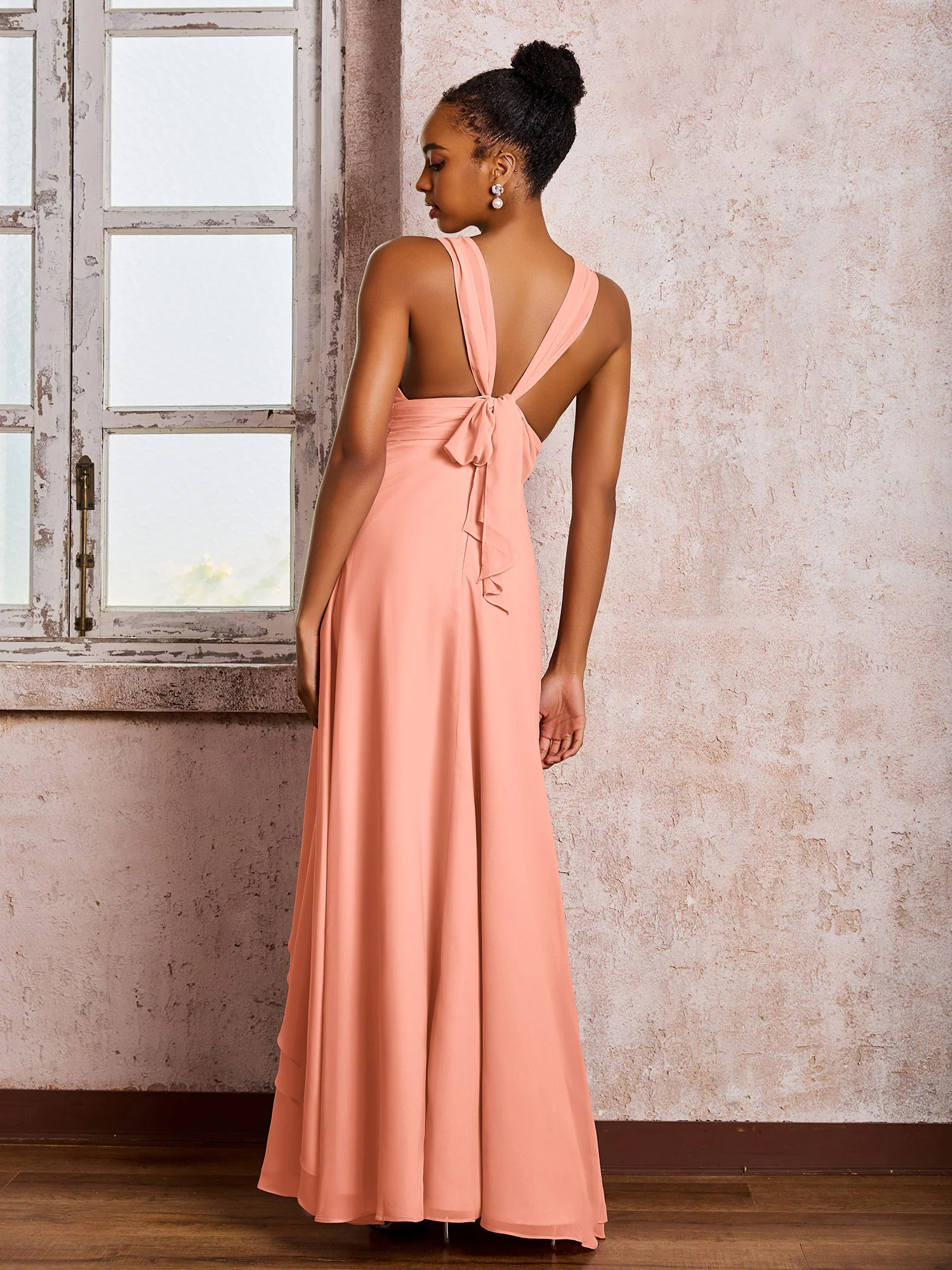 Plunging V-Neck Ruffle Open Back Dresses with Cascade Skirt Papaya - Image 2