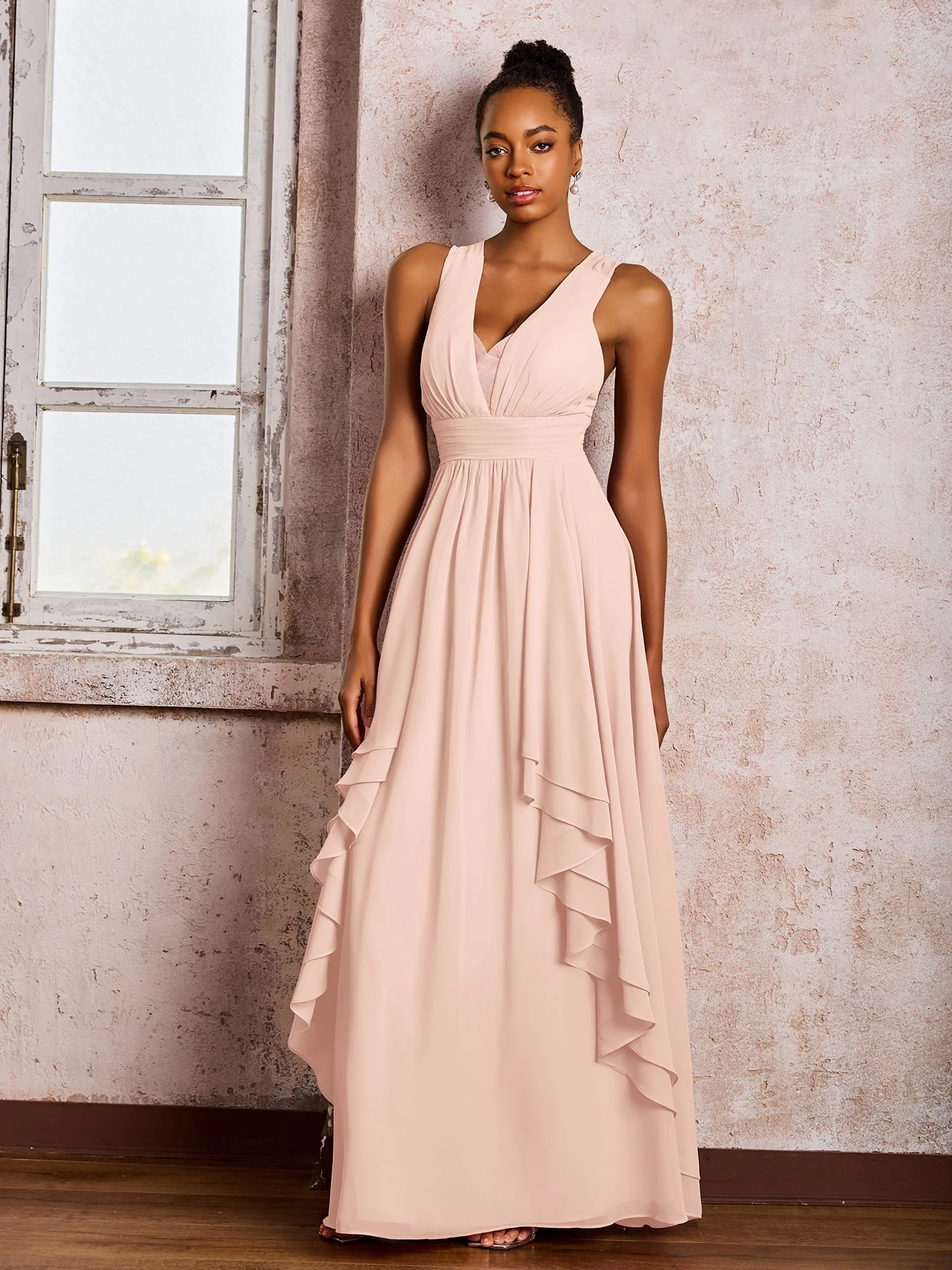 Plunging V-Neck Ruffle Open Back Dresses with Cascade Skirt Pearl Pink