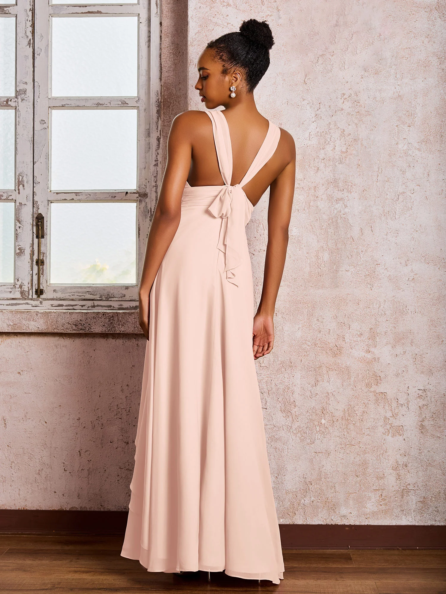 Plunging V-Neck Ruffle Open Back Dresses with Cascade Skirt Pearl Pink - Image 2