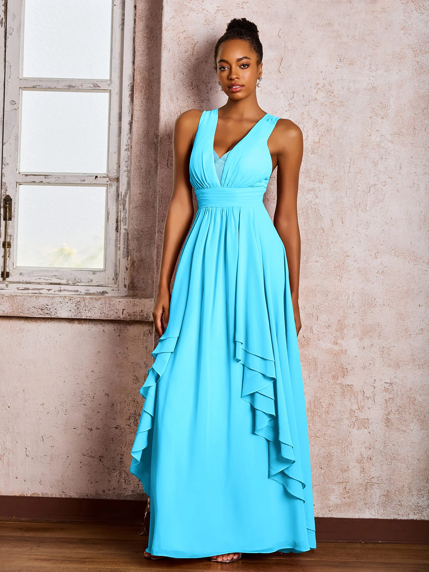 Plunging V-Neck Ruffle Open Back Dresses with Cascade Skirt Pool
