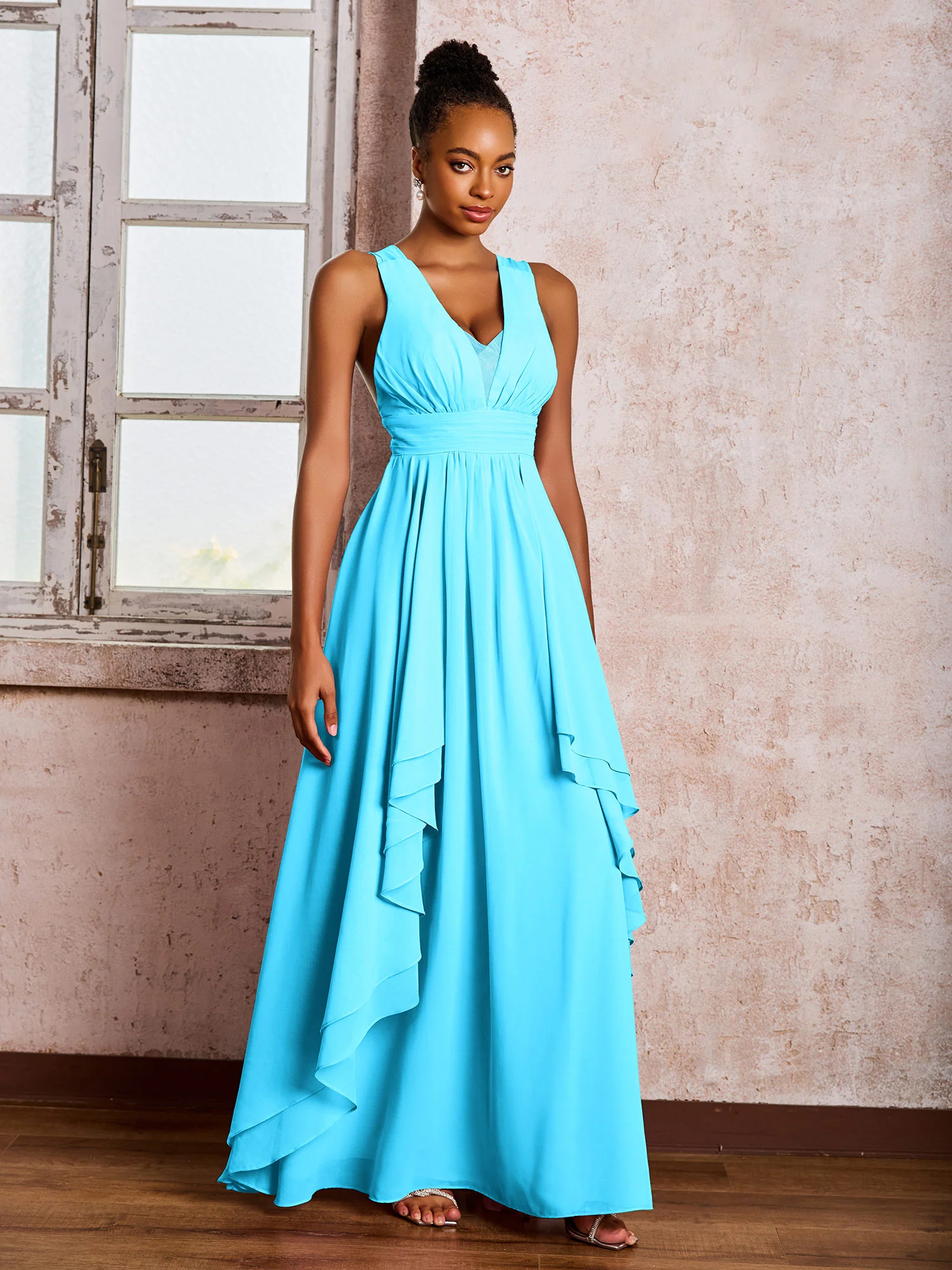 Plunging V-Neck Ruffle Open Back Dresses with Cascade Skirt Pool - Image 3