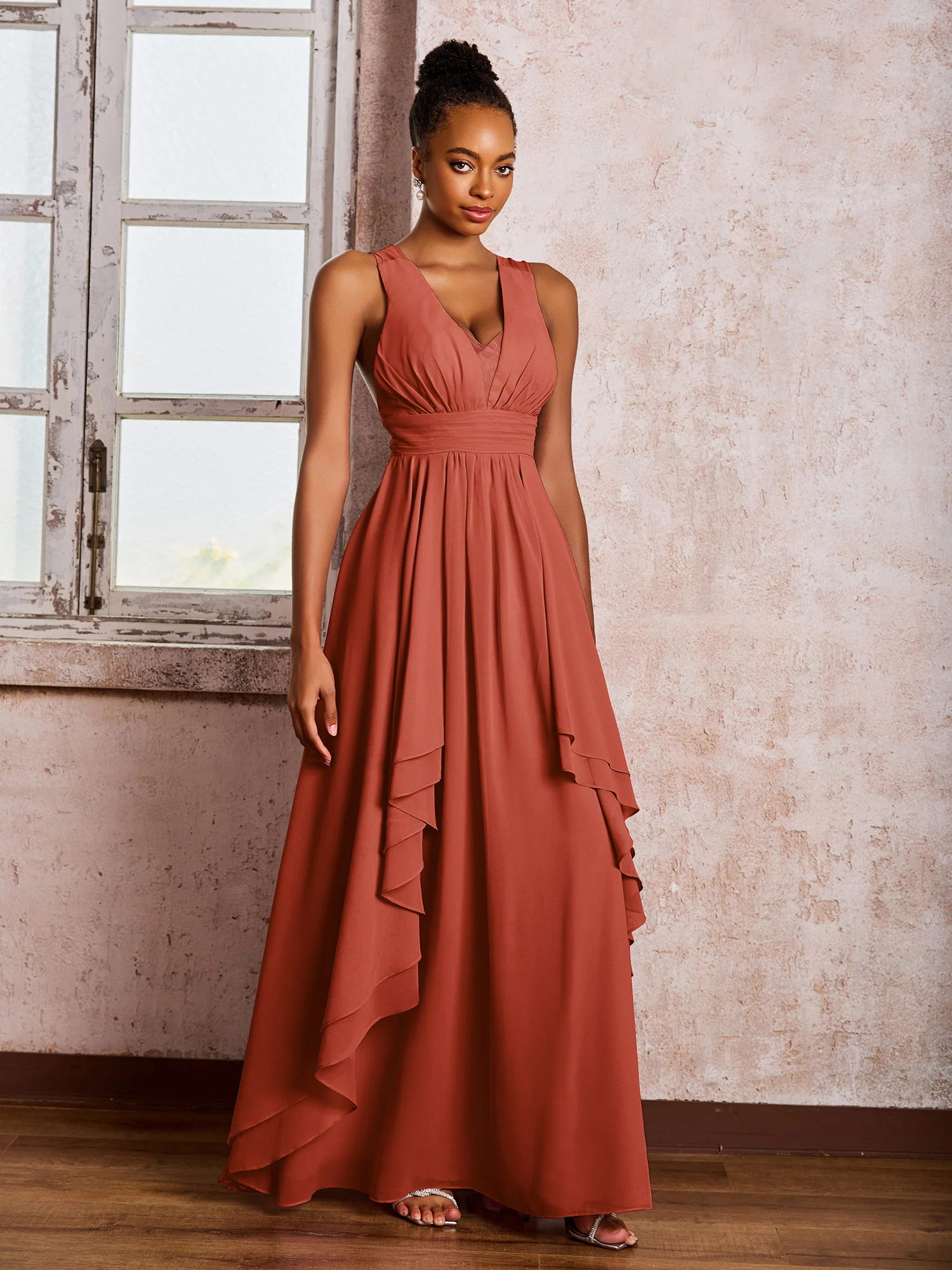 Plunging V-Neck Ruffle Open Back Dresses with Cascade Skirt Rust - Image 3