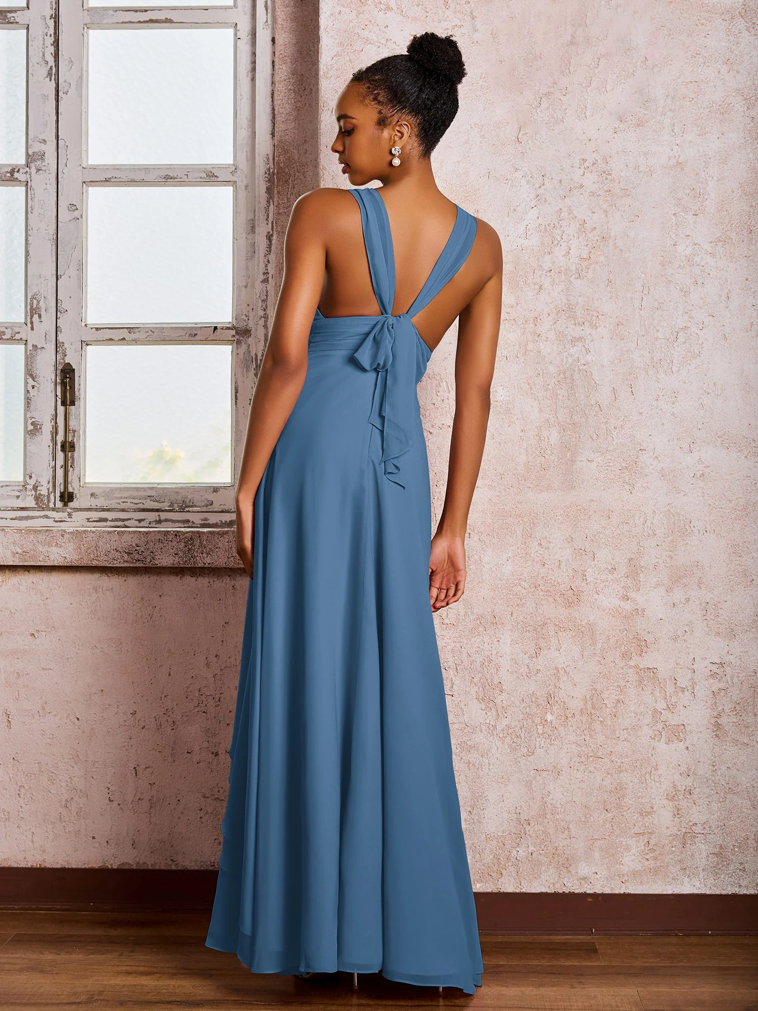 Plunging V-Neck Ruffle Open Back Dresses with Cascade Skirt Slate Blue - Image 2