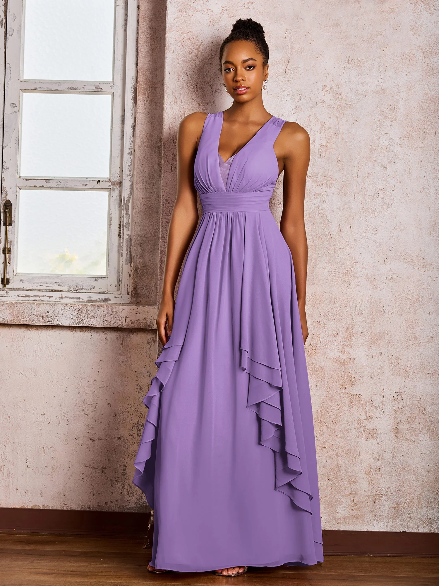 Plunging V-Neck Ruffle Open Back Dresses with Cascade Skirt Tahiti