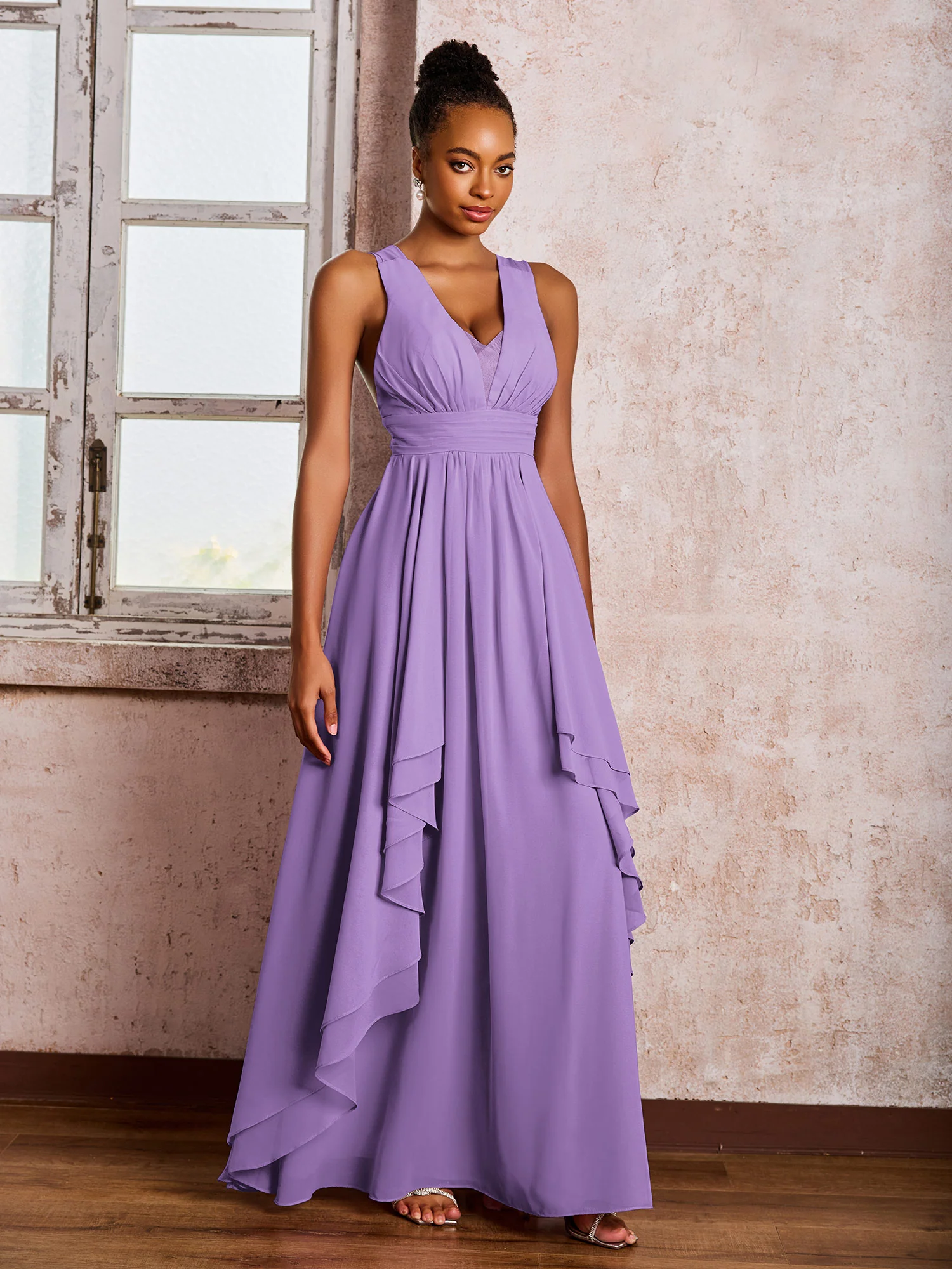 Plunging V-Neck Ruffle Open Back Dresses with Cascade Skirt Tahiti - Image 3